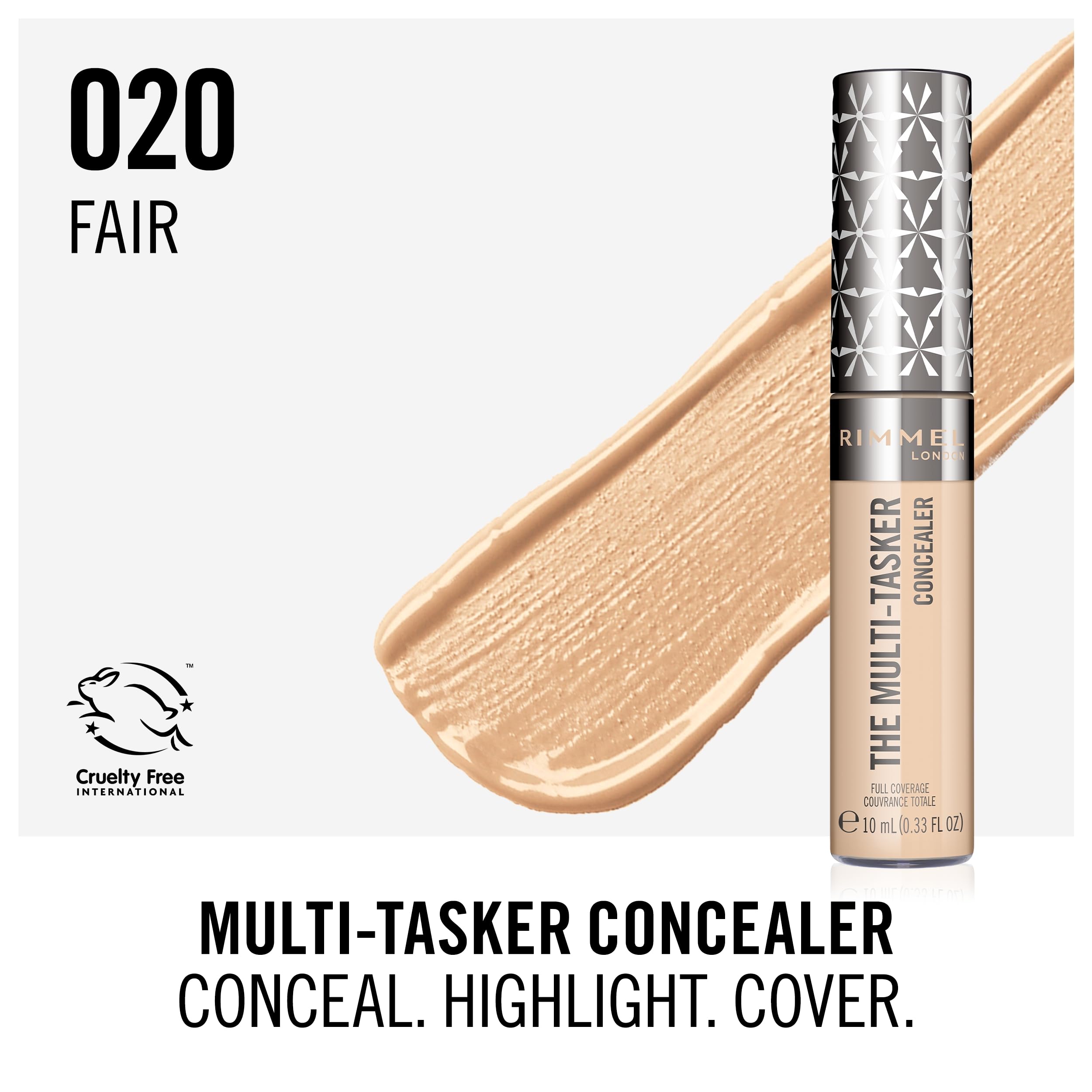 Rimmel London, Multi-Tasker Concealer, 020 Fair, Crease-Proof, Transfer-Proof, Waterproof, Up To 24-Hour Wear, Vegan Formula, 0.33oz