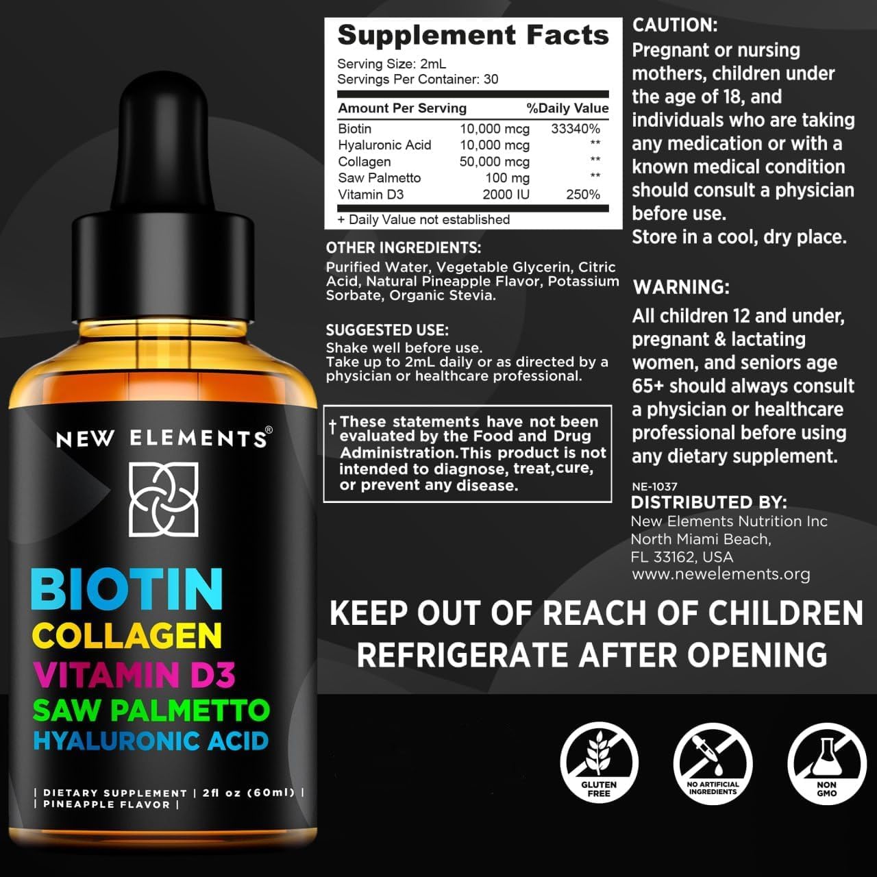 Liquid Biotin Drops with Collagen Vitamin D3 Saw Palmetto & Hyaluronic Acid for Hair Skin and Nails, Hair Growth Supplement for Men & Women | Non-GMO | Gluten-Free