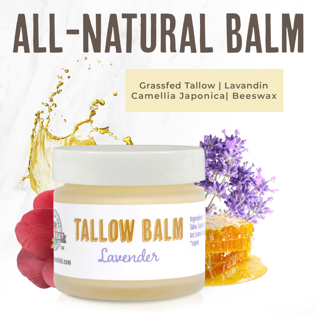 BUFFALO GAL Grassfed Beauty Regenerative Lavender Tallow Balm, Dry Rendered, Therapeutic Grade, Lab Tested Tallow Grass Fed, Superior Tallow Moisturizer for Face and Body, Organic Ingredients, 2 oz
