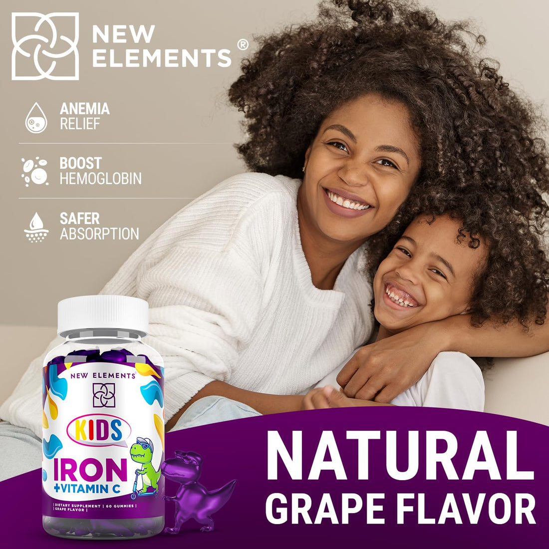 Iron Gummies for Kids with Vitamin C | Sugar Free | Enhanced Energy & Blood Health Support | Anemia Relief, Gluten-Free, Non-GMO, Vegan, Natural Grape Flavor, Crafted with Pectin for Optimal Health