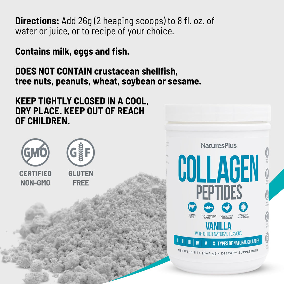 Natures Plus Collagen Peptides, Vanilla - 0.8 lb Powder - Hair, Skin, Nail & Joint Health, Immune System Support - Non-GMO, Gluten Free - 14 Servings