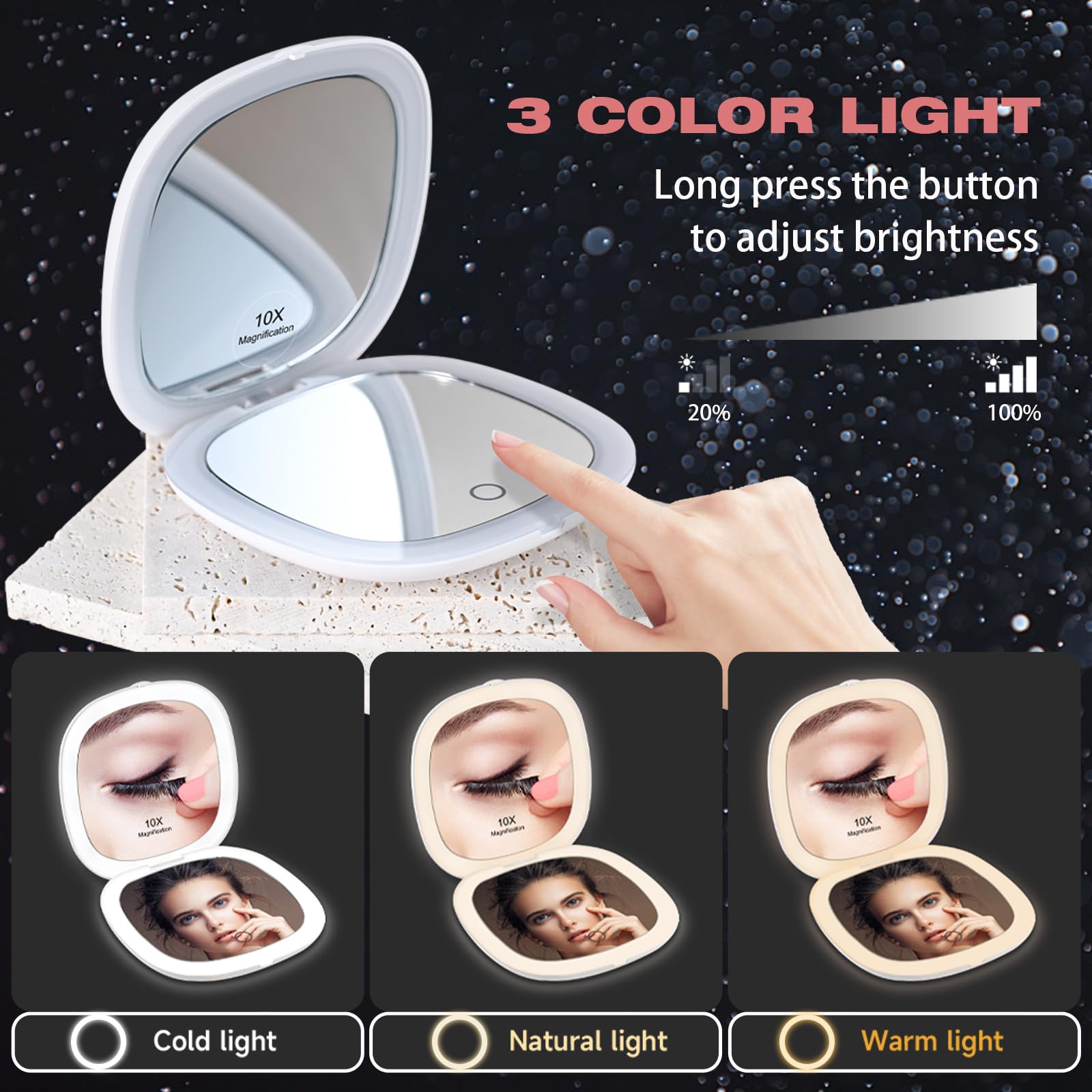 WUSHXI Portable LED Makeup Mirror - Compact Travel Mirror with Light, 10X Magnification, Adjustable Brightness, Rechargeable, for Her, Travel Accessories for Women, Ideal for Purse