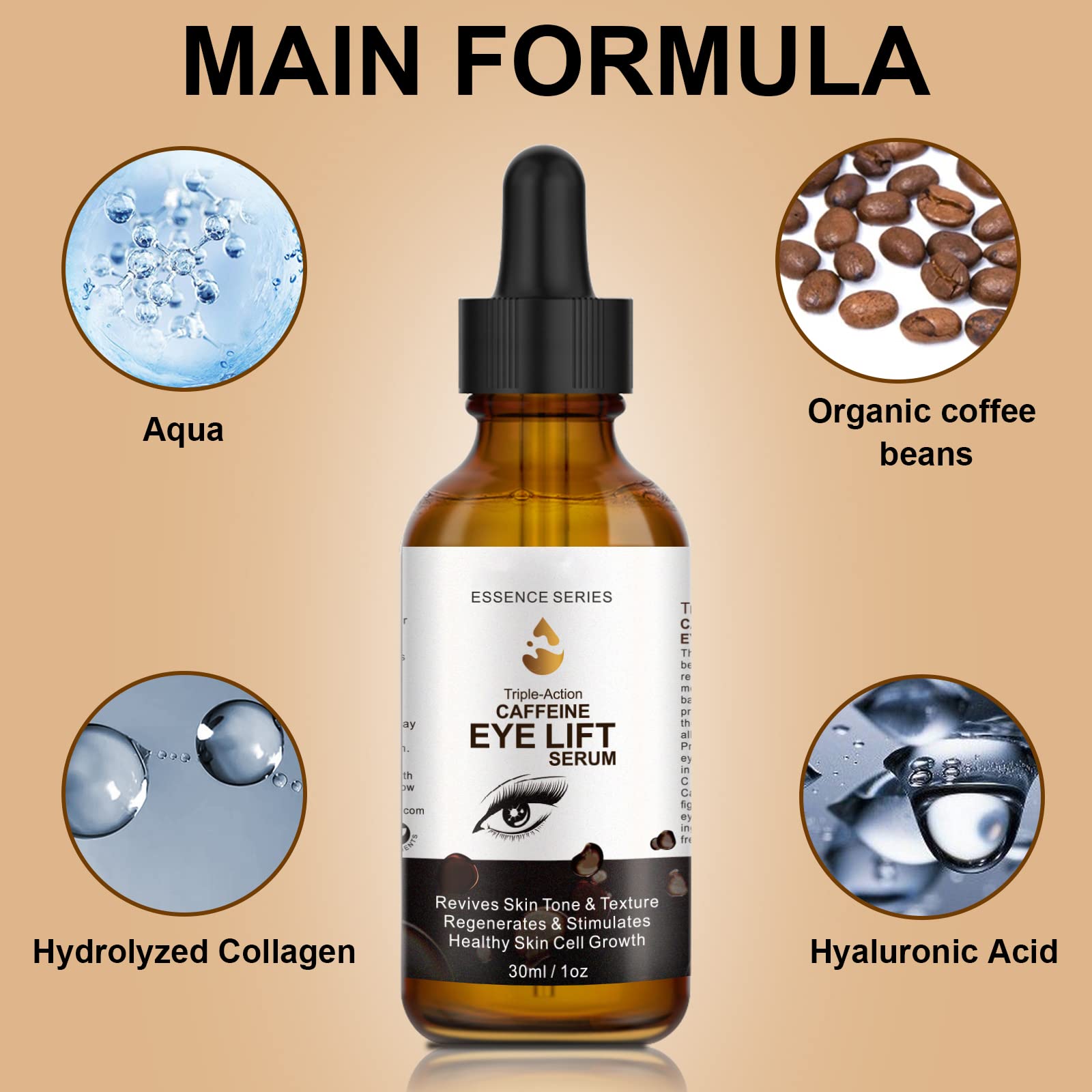 Caffeine Eye Serum - with EGCG, Vitamin C, Hyaluronic Acid, Collagen, Caffeine Eye Lift Serum - Reduces Puffiness, Dark Circles, Under Eye Bags, Wrinkles and Fine Lines Around The Eyes (30ml)