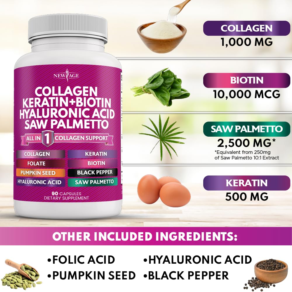 NEW AGE Collagen Pills Biotin Keratin Saw Palmetto Hyaluronic Acid - Vitamin E Folic Acid Pumpkin Seed MSM - 90 Count (Pack of 2)