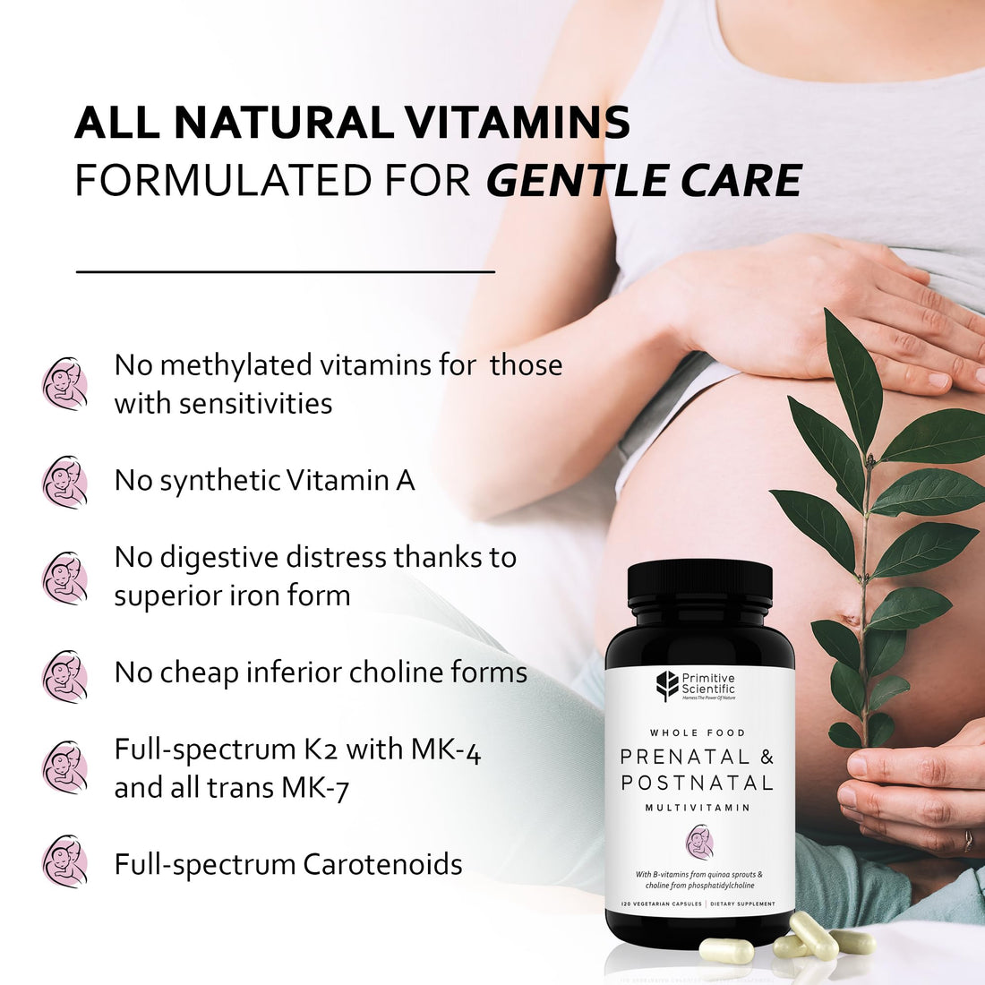 Primitive Scientific Prenatal and Postnatal Multivitamin for Women, with Vitamins A, B, C, D, E, Iodine, and Ginger for Mother & Baby Support, Non-GMO, Gluten-Free (120ct)