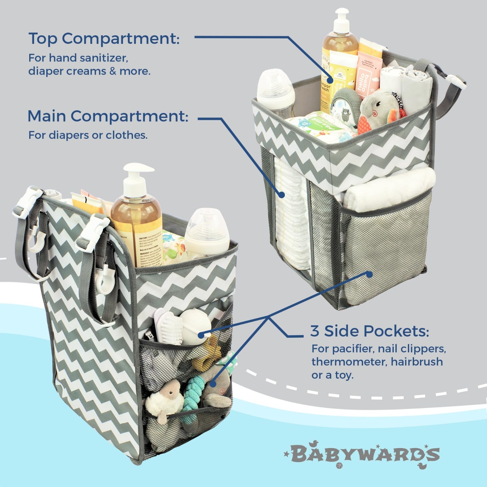 Babywards Hanging Diaper Caddy Organizer - Large Nursery Storage for Essential Newborn Baby Items - 2 Compartments, 3 Mesh Pockets - Durable Hooks to Hang on Bassinet, Changing Table, Crib