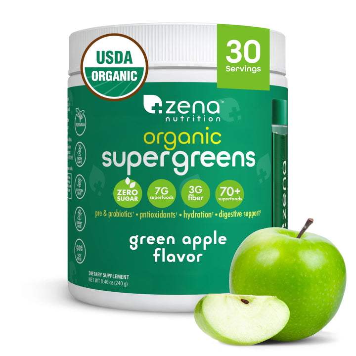 Zena Organic Super Greens Powder, 70+ Superfoods Drink Mix, 0 Sugar, 3G Fiber, Fruits, Veggies, Spirulina, Chlorella, Antioxidants, Pre & Probiotics, Digestive Enzymes, Green Apple Flavor, 30 Servings