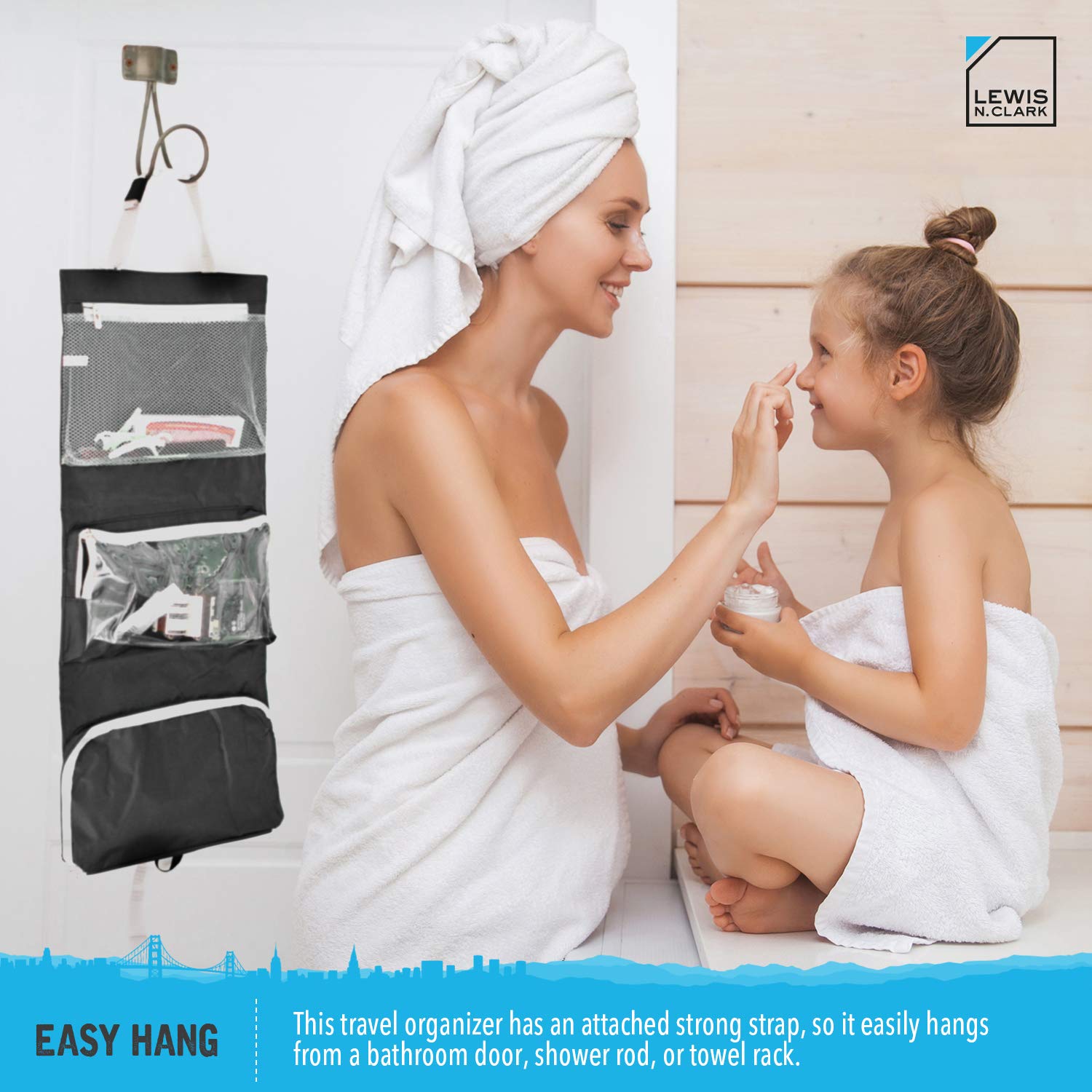 Lewis N. Clark Hanging Toiletry Bag for Travel Accessories, Shampoo, Cosmetics + Personal Items with Waterproof Compartment and Folding Design,Black