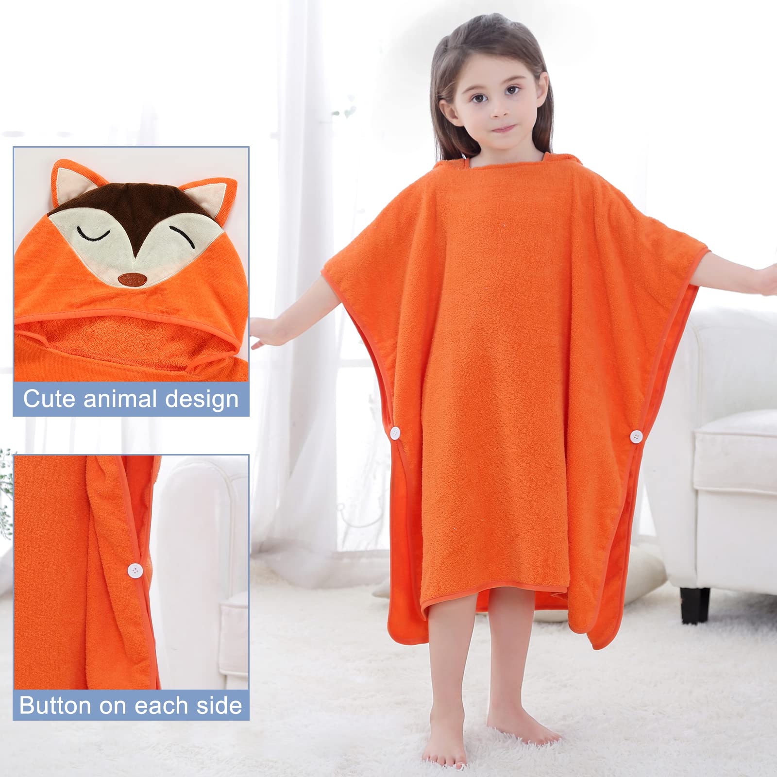 MICHLEY Hooded Baby Towel Unisex Beach Bath Poncho, Soft Cotton Animal Kids Bathrobe for 2-6 Years, 27.5X 27.5(Fox)