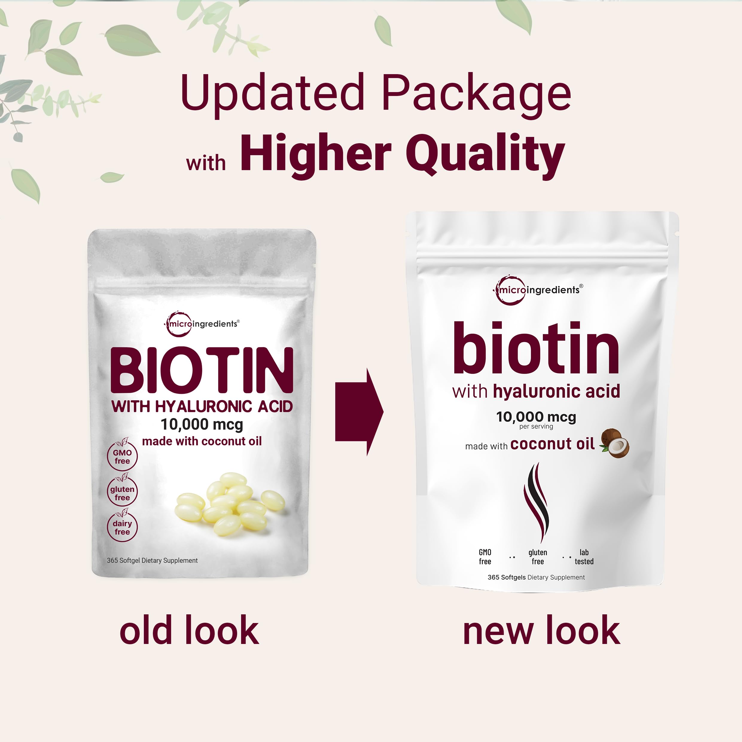 Micro Ingredients Biotin 10,000mcg w/Hyaluronic Acid 25mg | 365 Virgin Coconut Oil Softgels, Fast Release, One Year Supply, Supports Healthy Hair, Skin & Nails, Non-GMO & No Gluten