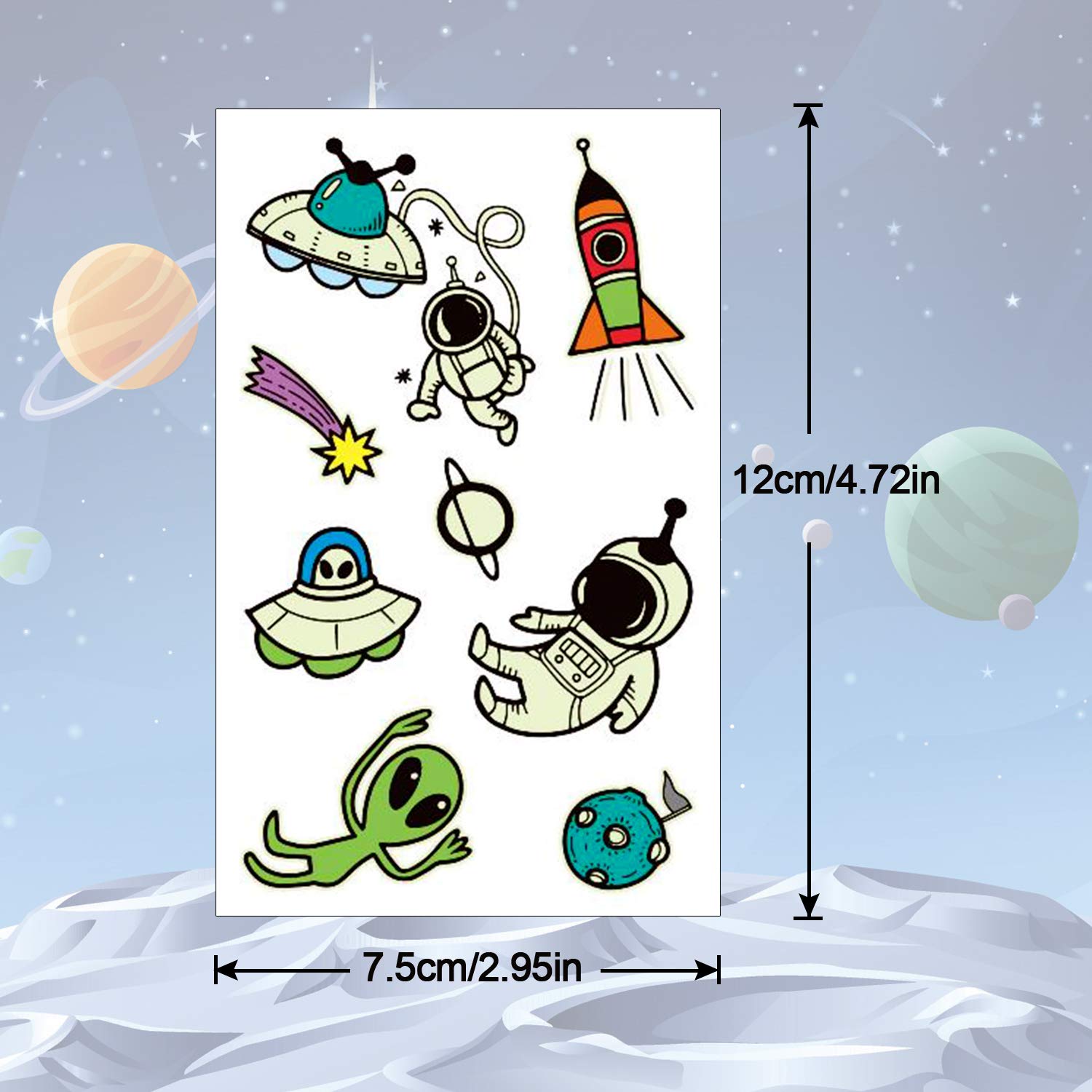 PHOGARY 20 Sheets Space Tattoos Stickers for Kids (Glow in the Dark), Children Fake Tattoos, Funny Temporary Tattoos as Outerspace Party Favors for Boys Girls Birthday, Waterproof