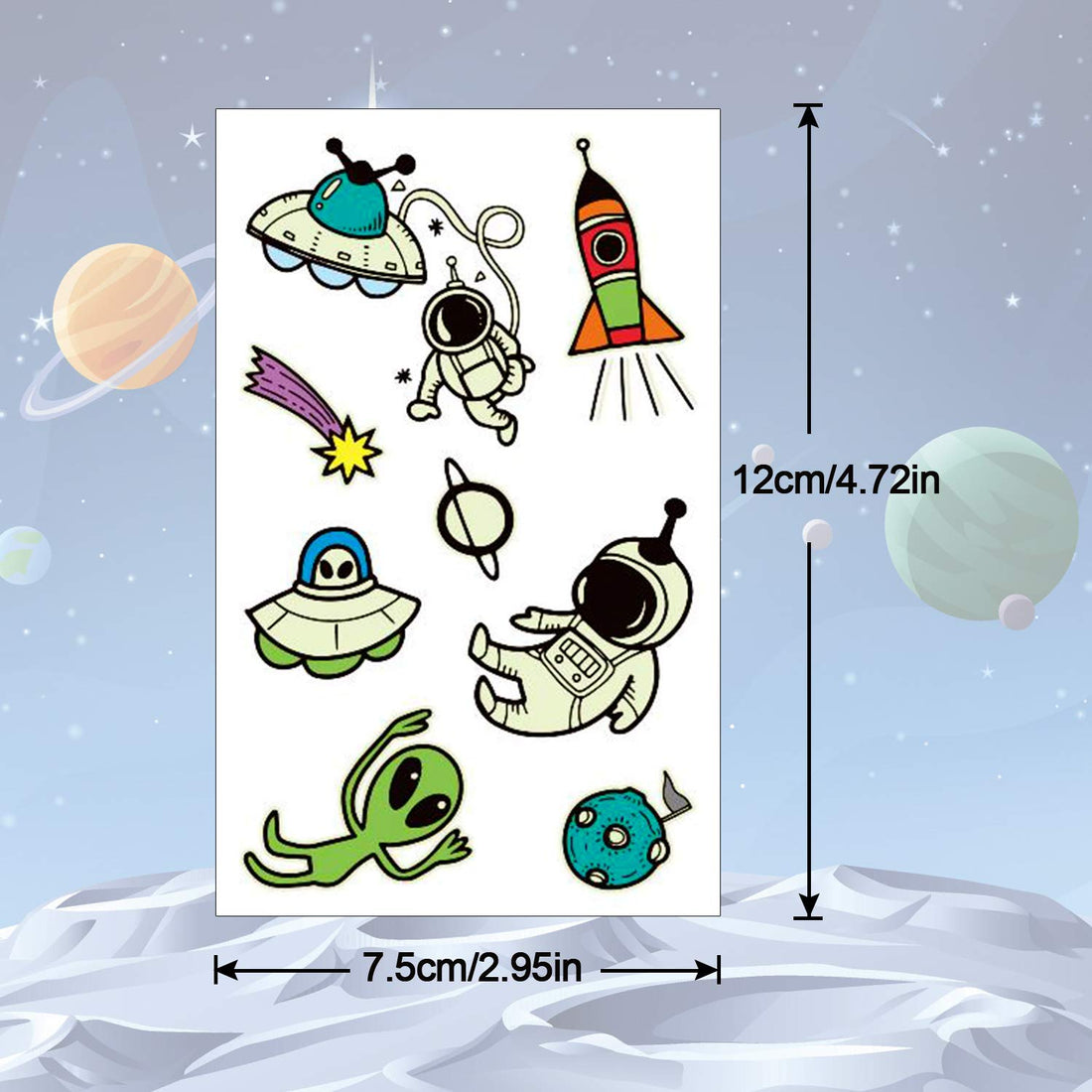 PHOGARY 20 Sheets Space Tattoos Stickers for Kids (Glow in the Dark), Children Fake Tattoos, Funny Temporary Tattoos as Outerspace Party Favors for Boys Girls Birthday, Waterproof