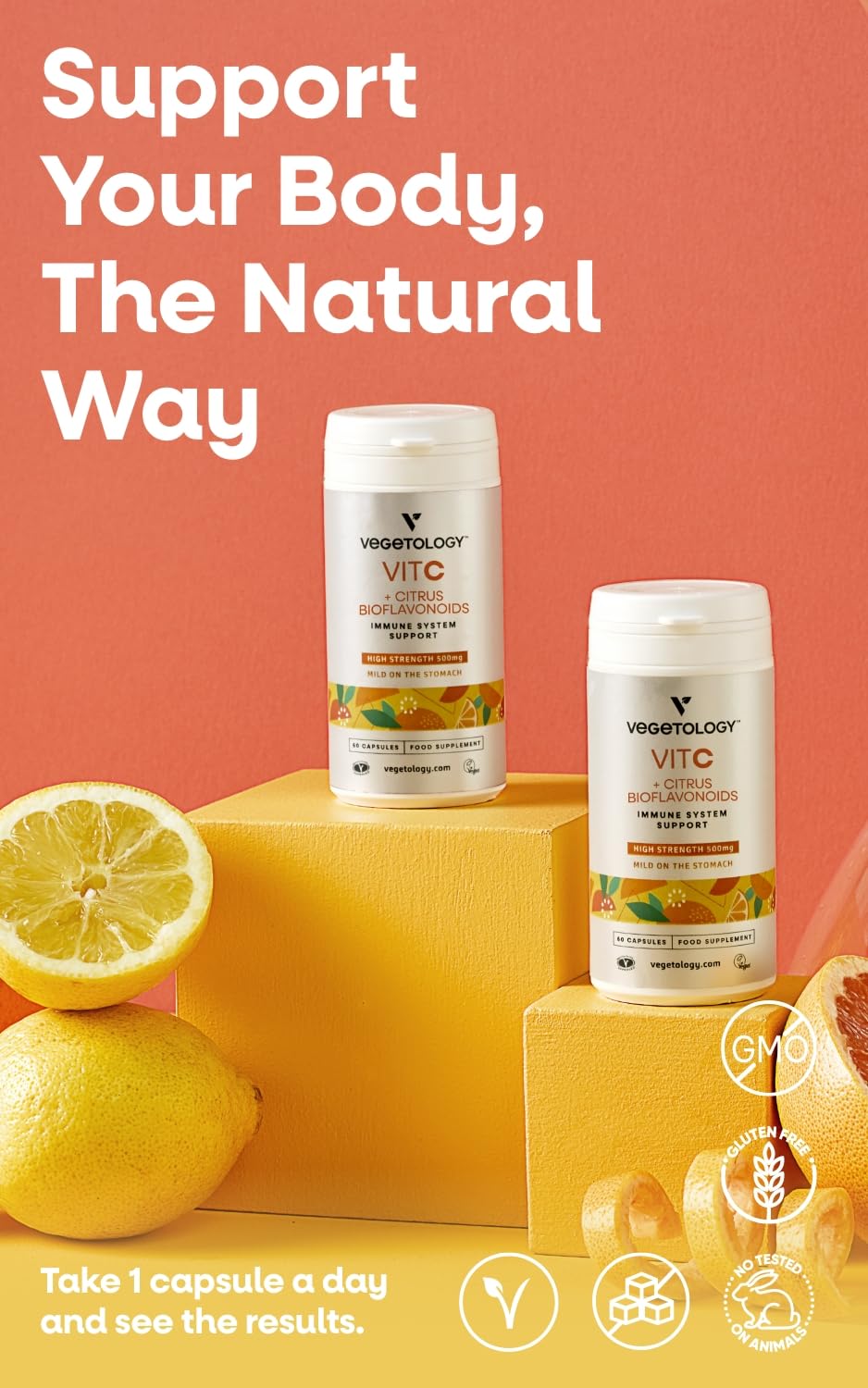 VEGETOLOGY Vegan Vitamin C Supplements — VIT C + Citrus Bioflavonoids — Vitamins and Health Supplements — Daily Supplements (60 Capsules) — Vitamin C 500mg Capsules — Antioxidants Supplement