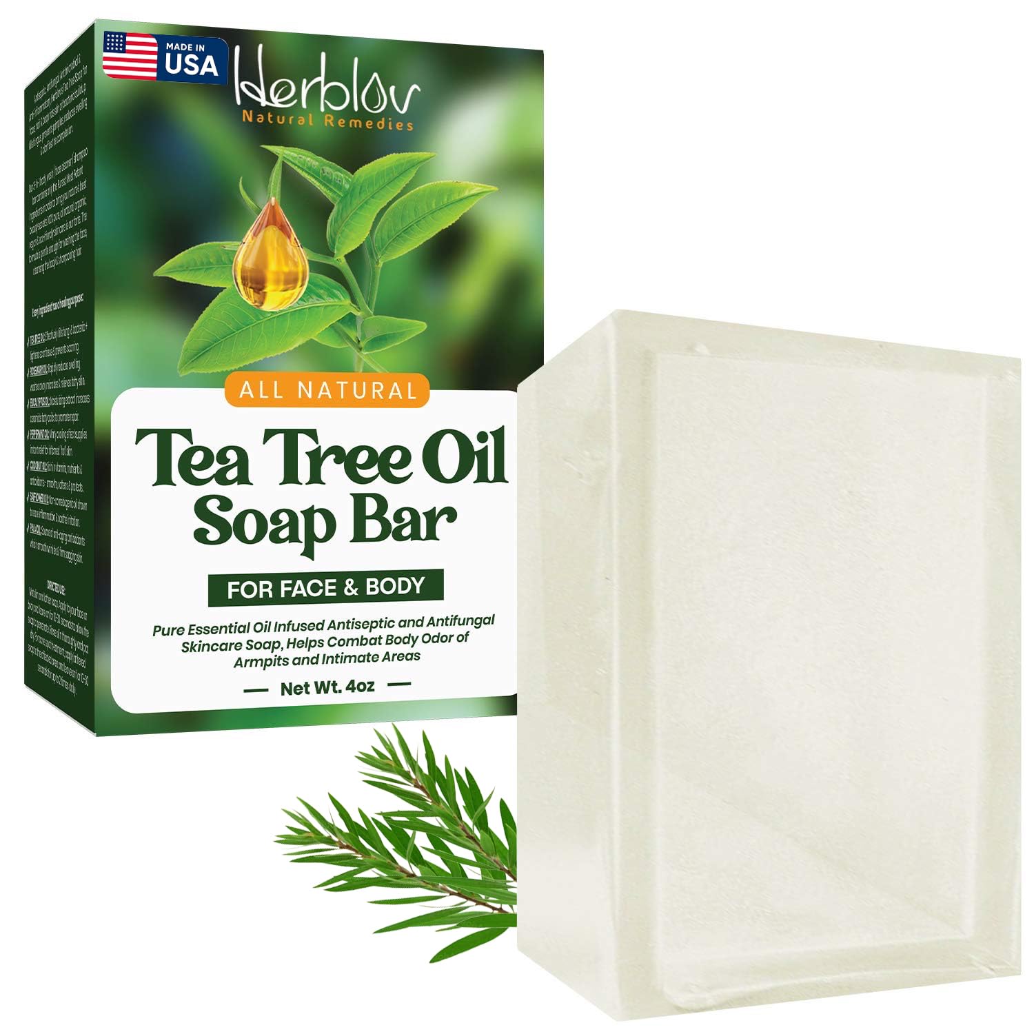 Herblov Tea Tree Oil Soap Bar for Face & Body, 4oz –All Natural Remedy Skin Cleanser – Pure Essential Oil Infused Skincare Cleansing Soap for Dirt & Acne - Tea Tree Face & Body Wash Made in USA