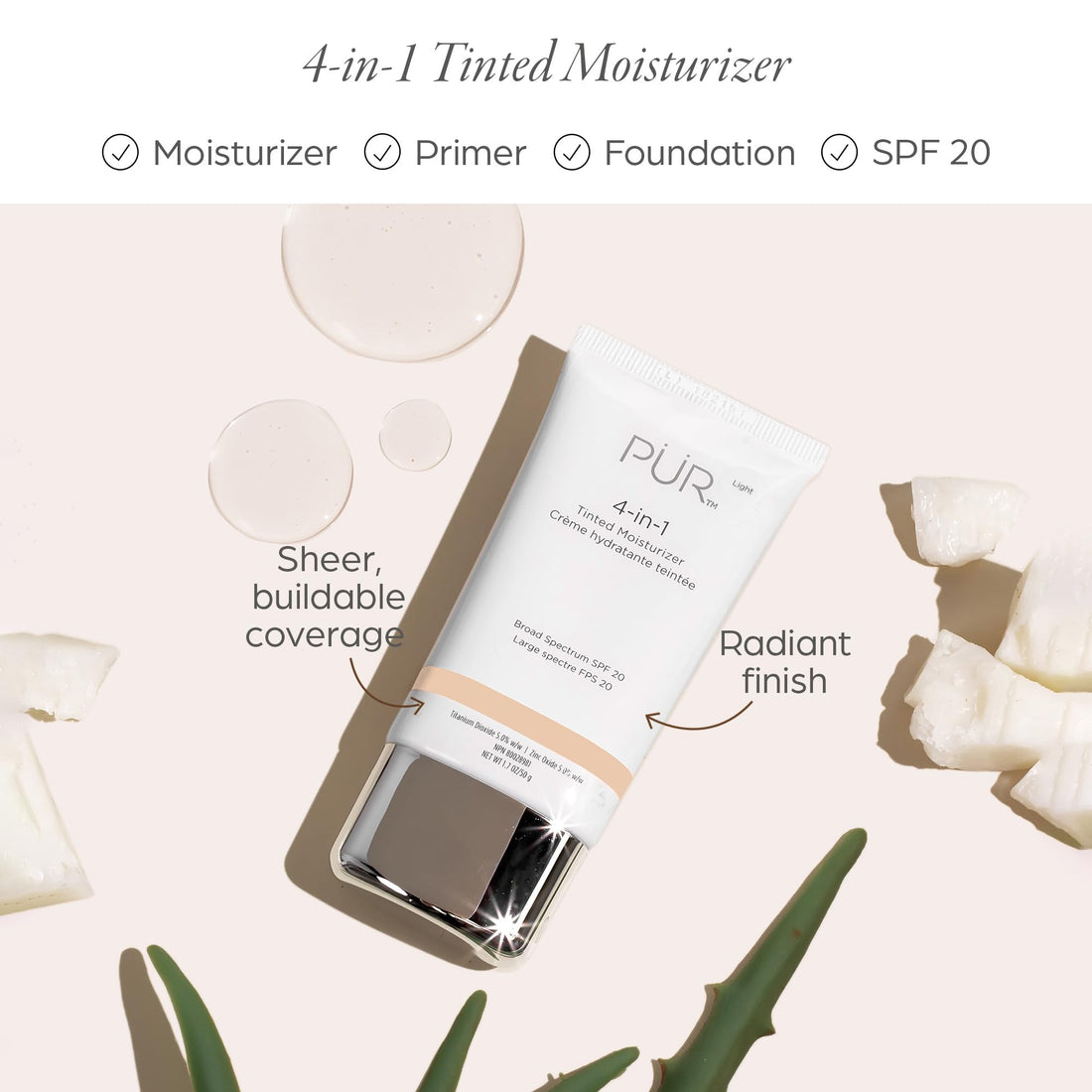 PUR Beauty 4-in-1 Tinted Moisturizer with SPF 20 - Hydrating Skin Tint Face Moisturizer, Primer & Foundation with Shea Butter, Aloe Vera & Vitamin B3 - Vegan Friendly, Paraben Free (Fair Ivory)