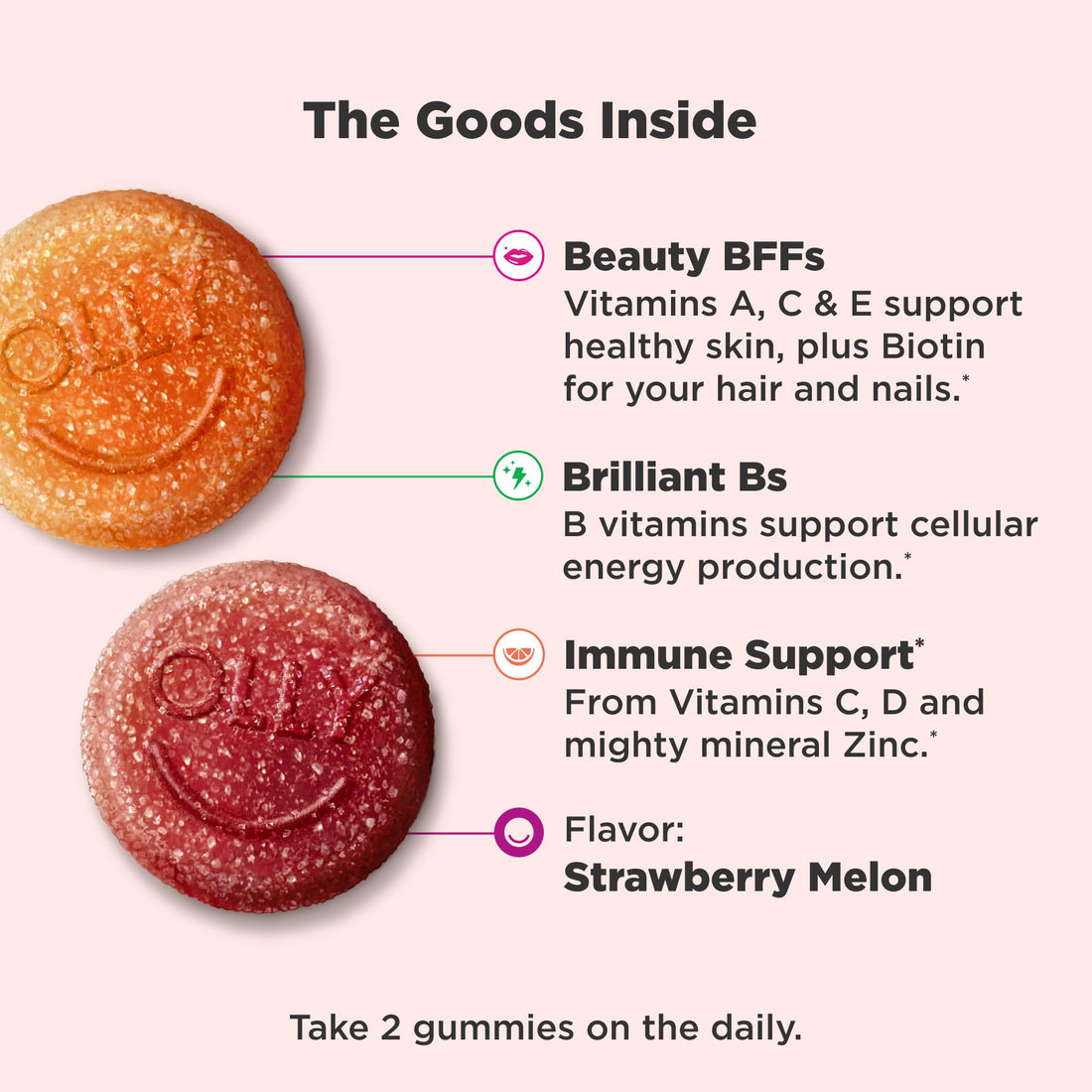 OLLY Teen Girl Multi Gummy, Healthy Skin and Immune Support*, Essential Vitamins, Biotin, Zinc, Chewable Multivitamin, Strawberry Melon Flavored, 50 Day Supply - 100 Count