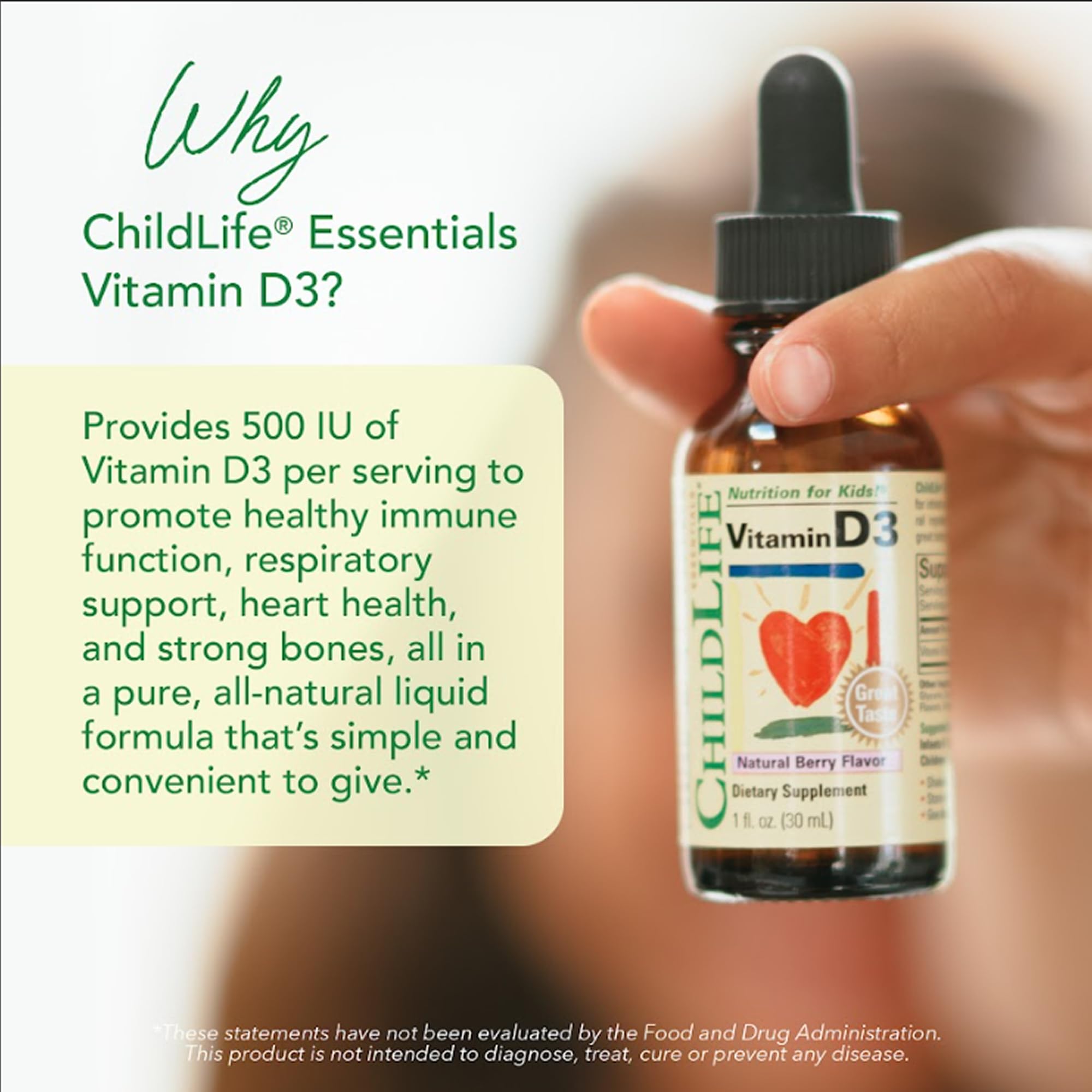 CHILDLIFE ESSENTIALS Vitamin D3 Drops - Vitamin D Drops for Infants, Baby Vitamin D Drops, Liquid Vitamin D for Kids, Toddlers 1-3, Children, 500 IU Per Serving - Natural Berry, 1 Fl Oz (Pack of 3)