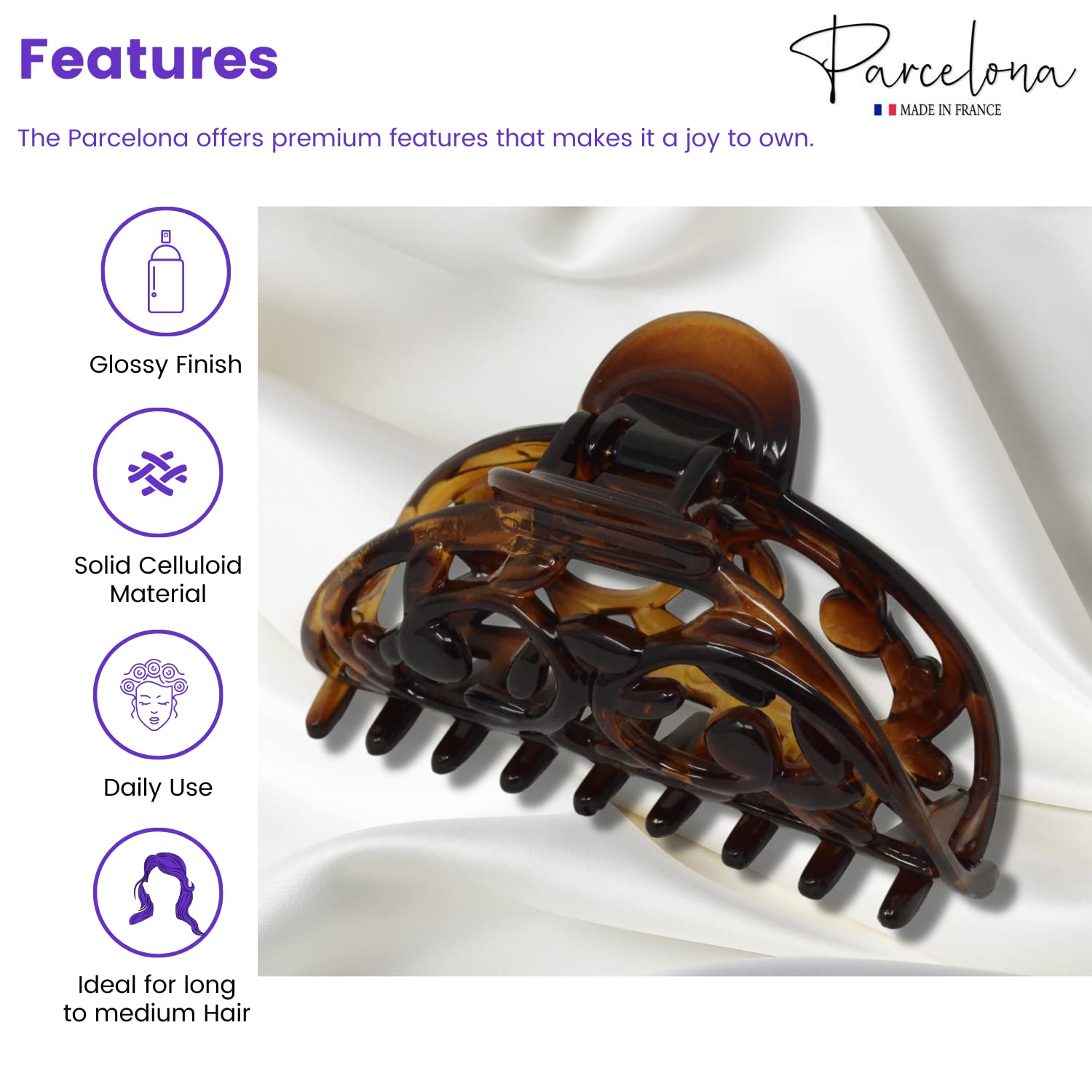 Parcelona French New Jardin Medium 3 1/4 Inch Covered Spring Celluloid Shell Jaw Hair Claw Clip