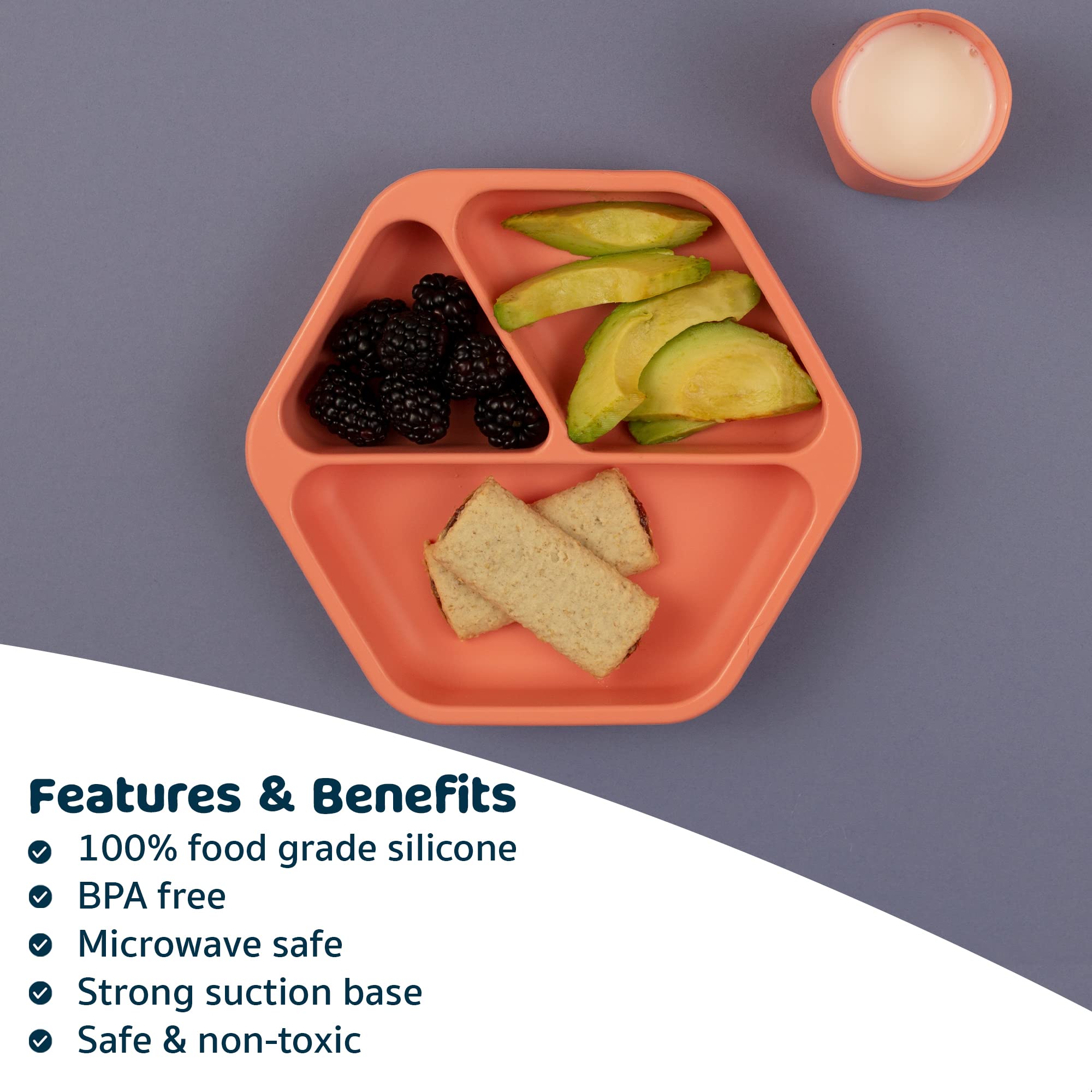 Tiny Twinkle Silicone Suction Baby Plate, Suction Grip Divided Dish for First Foods and Self-Feeding Toddlers, Baby Led Weaning Supplies for Independent Eating (Coral Plate)