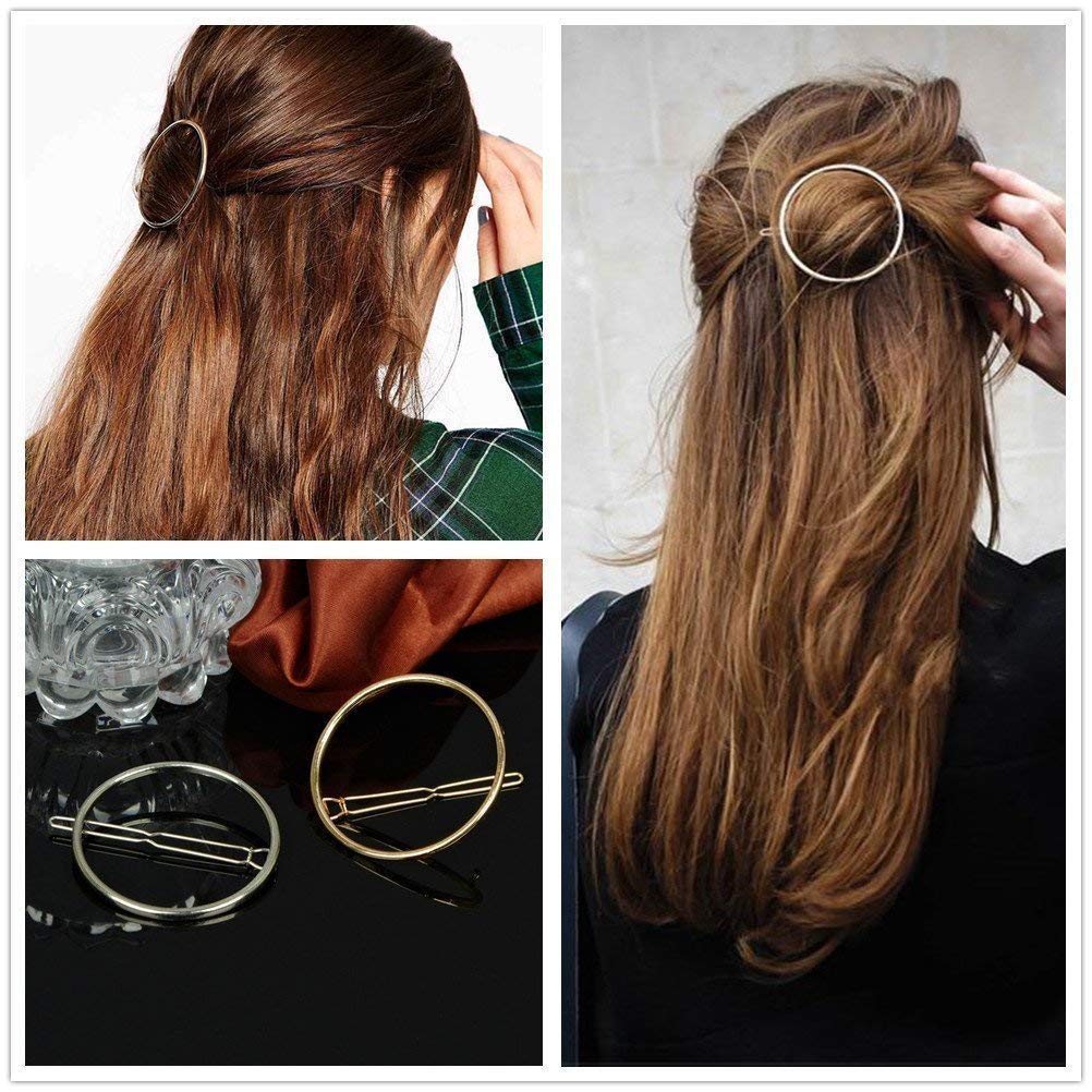 AKOAK Hollow Hoop Round Circle Geometric Metal Hair Clip Bobby Pin Ponytail Holder Hair Accessories for Women and Girl (2 Pcs/Lot,1 Gold & 1 Silver)