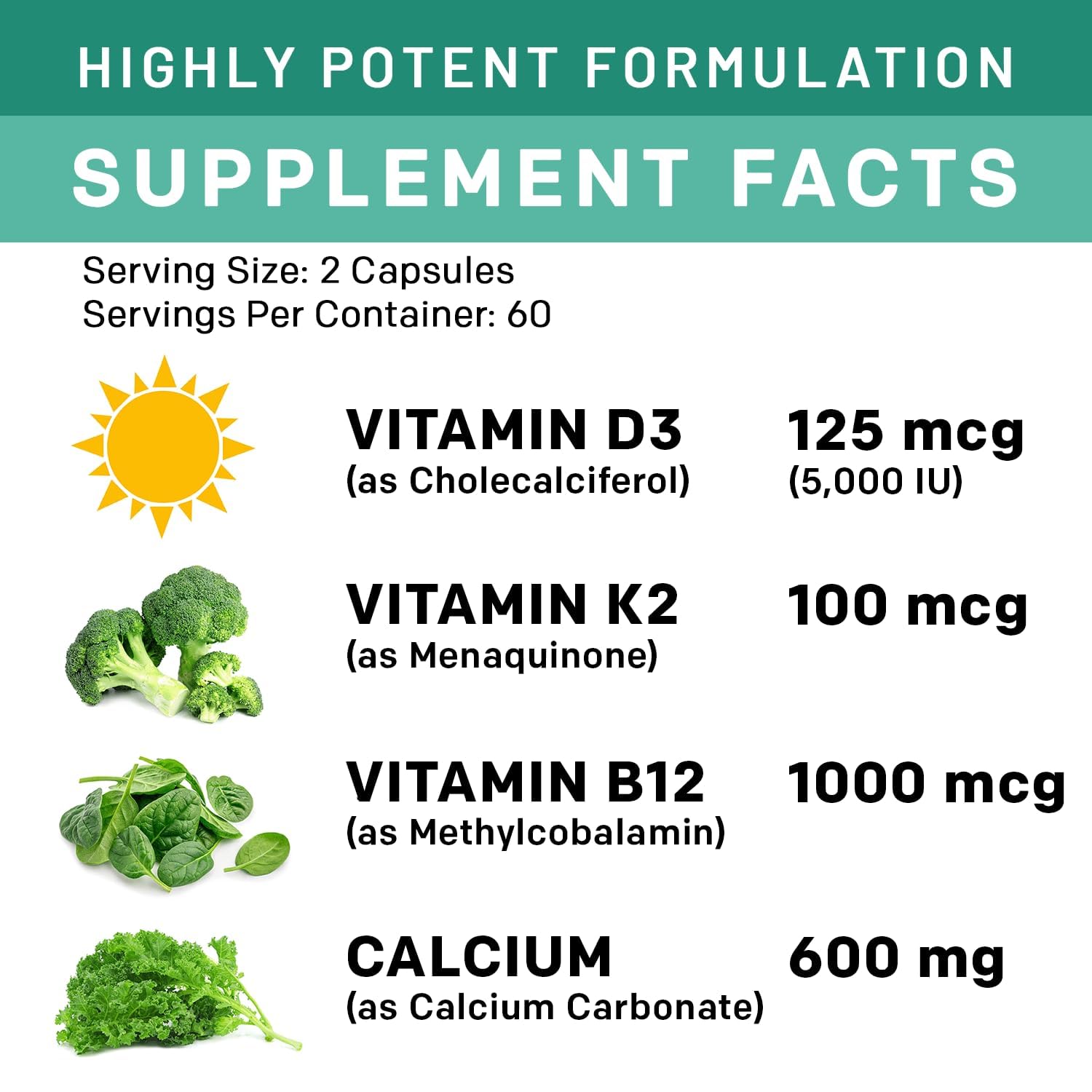 4-in-1 Calcium Supplements for Women and Men - Calcium 600mg with Vitamin D3 K2 5000 IU Supplement for Heart, Bone and Body Defenses - Gluten-Free, Vegan-Friendly (120 ct)