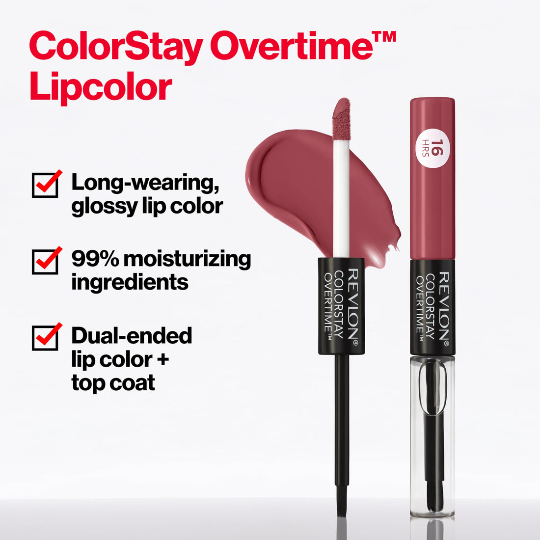 Revlon ColorStay Overtime Lipcolor, Dual Ended Longwearing Liquid Lipstick with Clear Lip Gloss, with Vitamin E in Plum / Berry, Blush Hour (550), 0.07 oz