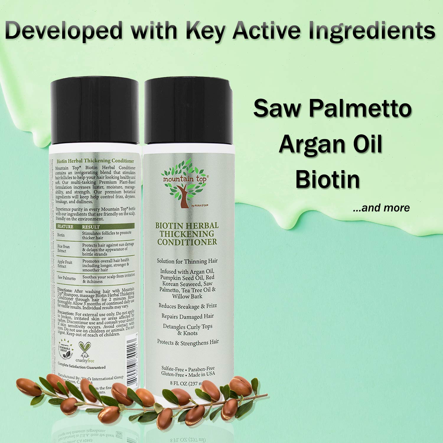 MOUNTAIN TOP Biotin Herbal Thickening Conditioner (8 oz / 273 ml) with Argan Oil, Pumpkin Seed Oil, Saw Palmetto, Tea Tree Oil & Willow Bark - For Dry, Frizzy, Thinning Hair - Men & Women