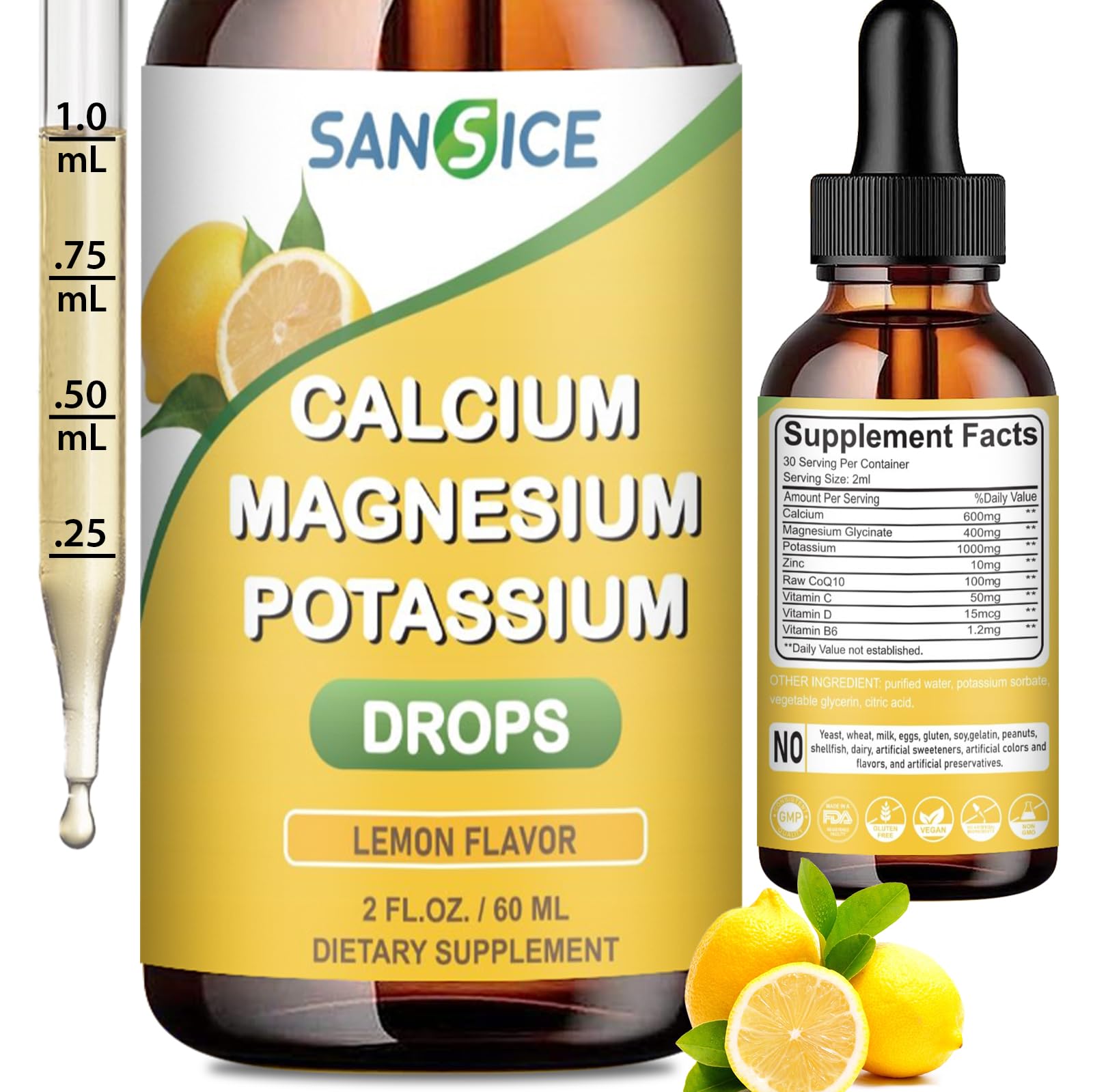 SANSICE Calcium Magnesium Potassium Liquid Drops, 400mg Magnesium Glycinate, 600mg Calcium Potassium Magnesium Drop Supplement with Vitamin D and Zinc (60ml/Lemon Flavor)