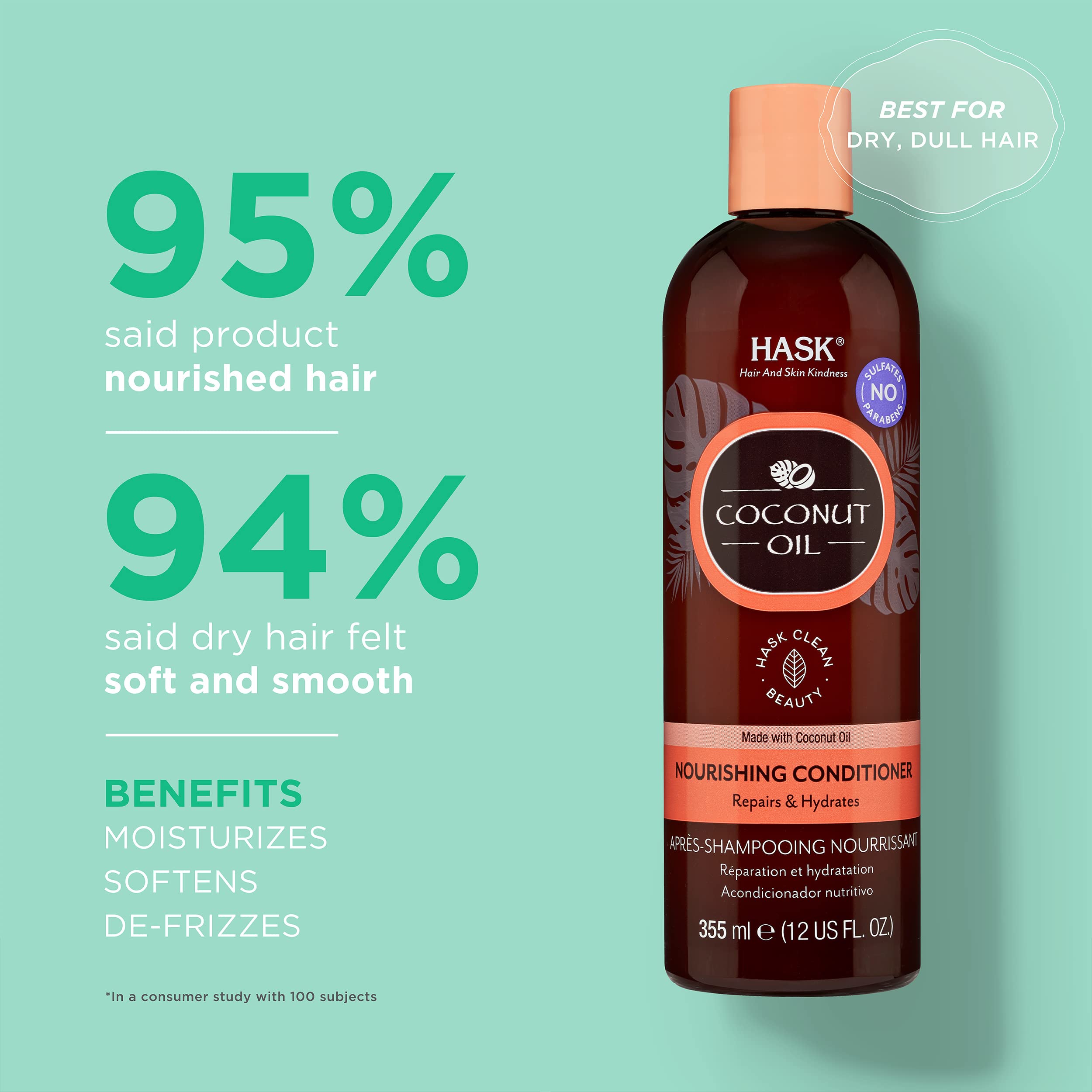 HASK Monoi Coconut Oil Nourishing Conditioner Dry, Dull, Normal Hair - 355 Ml | For Dry, Frizzy Or Coarse Hair | Sulfate & Paraben Free, 1 Count