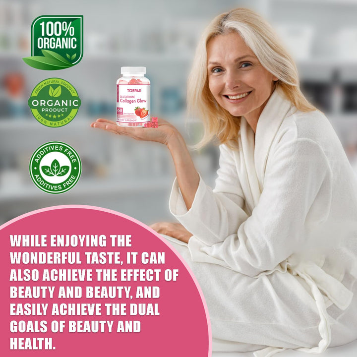 Multi Collagen Protein Glow Beauty Collagen Gummies, Women's Anti-Aging Support with Glutathione, Biotin & Multivitamins, Promotes Skin & Hair Health, Strawberry, 180 Gummies (90 Days)