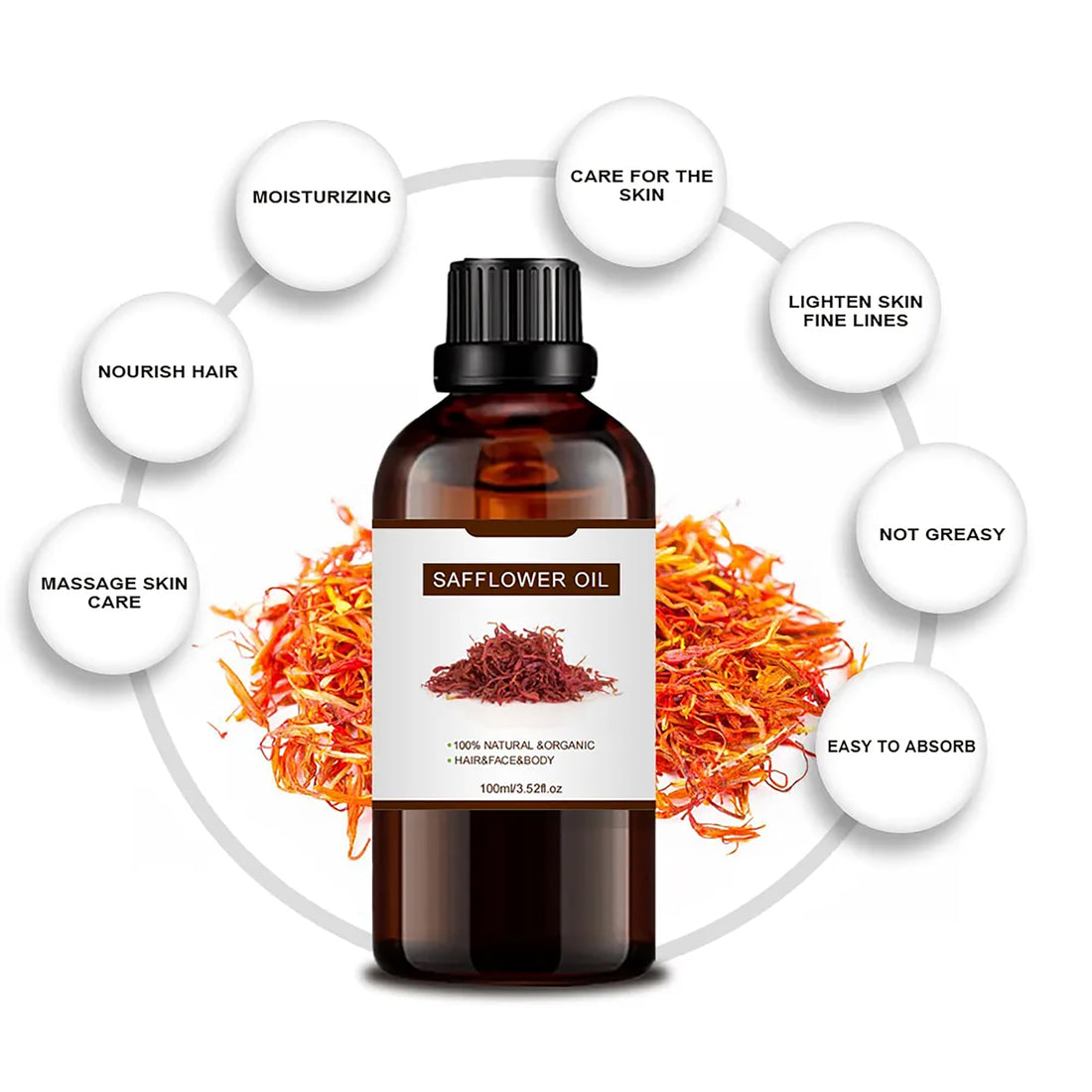 100% Pure Safflower Oil Essential Oil for Hair Growth,Non-GMO High Oleic Natural Organic Safflower for Skin,Dry Damaged Body & Face Moisturizing