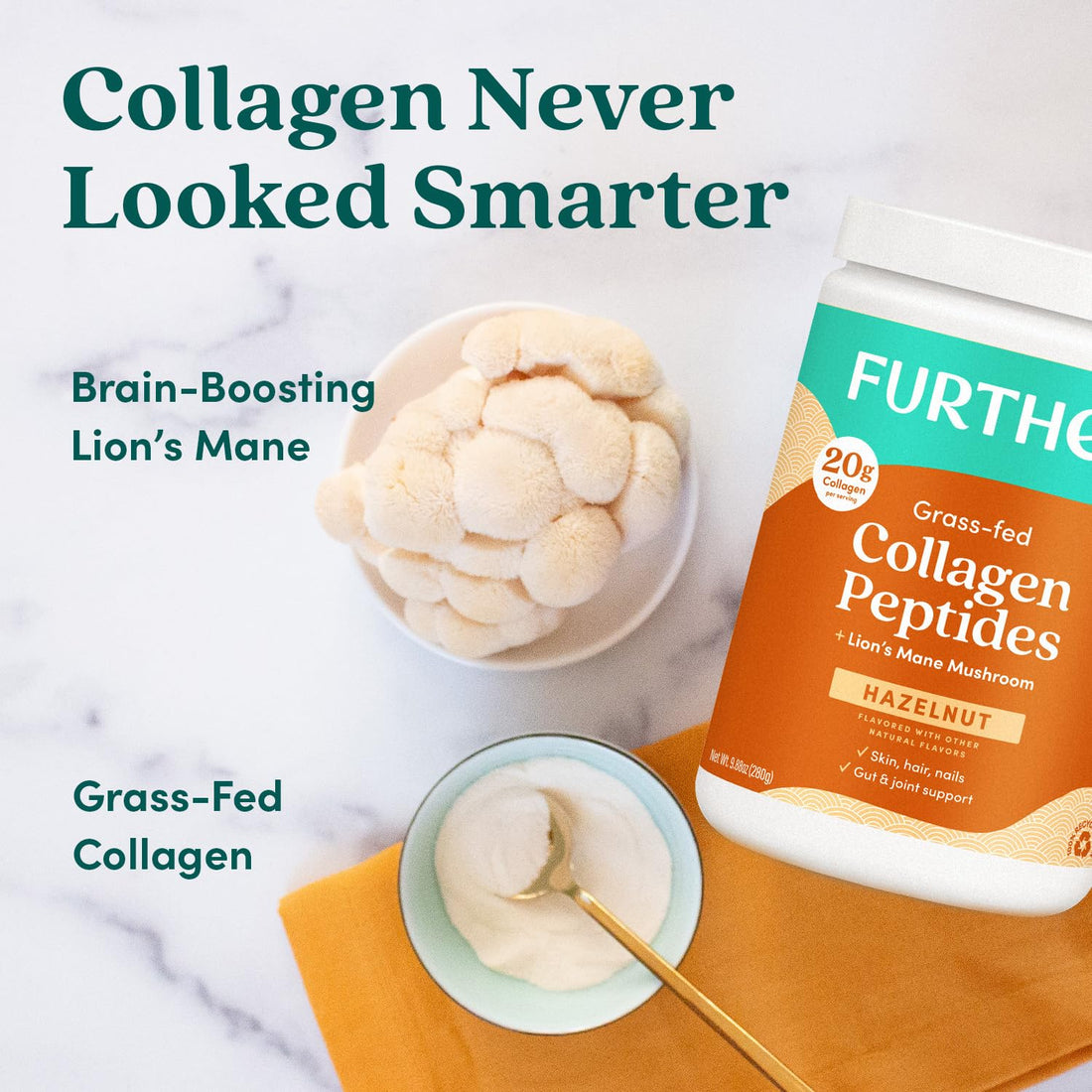 Further Food Hazelnut Collagen Peptides Powder with Lion’s Mane Mushroom, Grass-Fed Hydrolyzed Type 1 & 3 Protein, Gut Health + Joint, Hair, Skin, Nails, Paleo Keto Sugar-Free 9.88 oz
