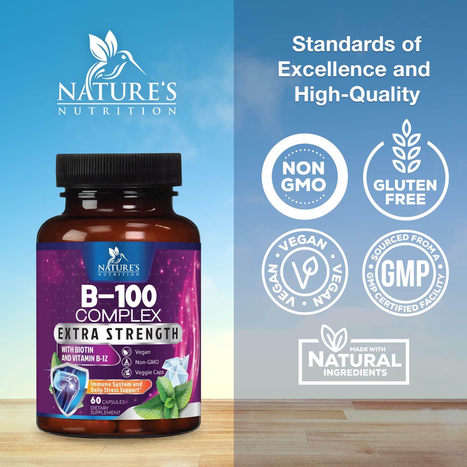 B Complex Vitamins Capsules with Vitamins B6 B12 B100 C Biotin Folate & Folic Acid - Supplement for Heart, Brain, & Nerve Support - Super Complete B-Complex for Immune & Energy Support - 60 Capsules