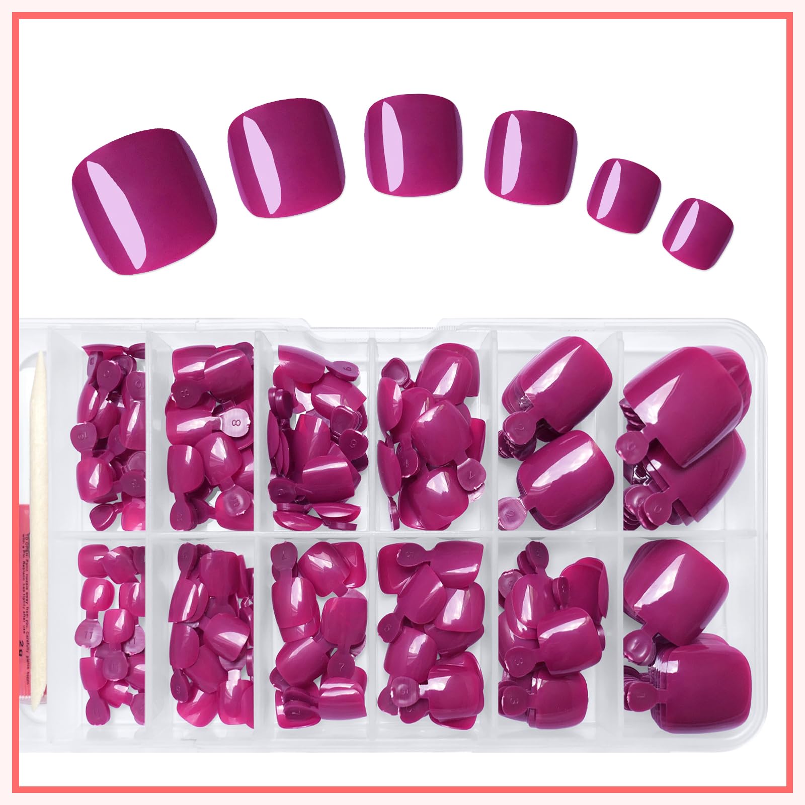 LuckForever 168pc Press on Toenails Women Fake Toe Nails with Adhesive Tabs, Magenta Fake Toenails Press on Nails Toe Acrylic Nail Tips Short Square False Toenail Artificial Toe Nails Press ons