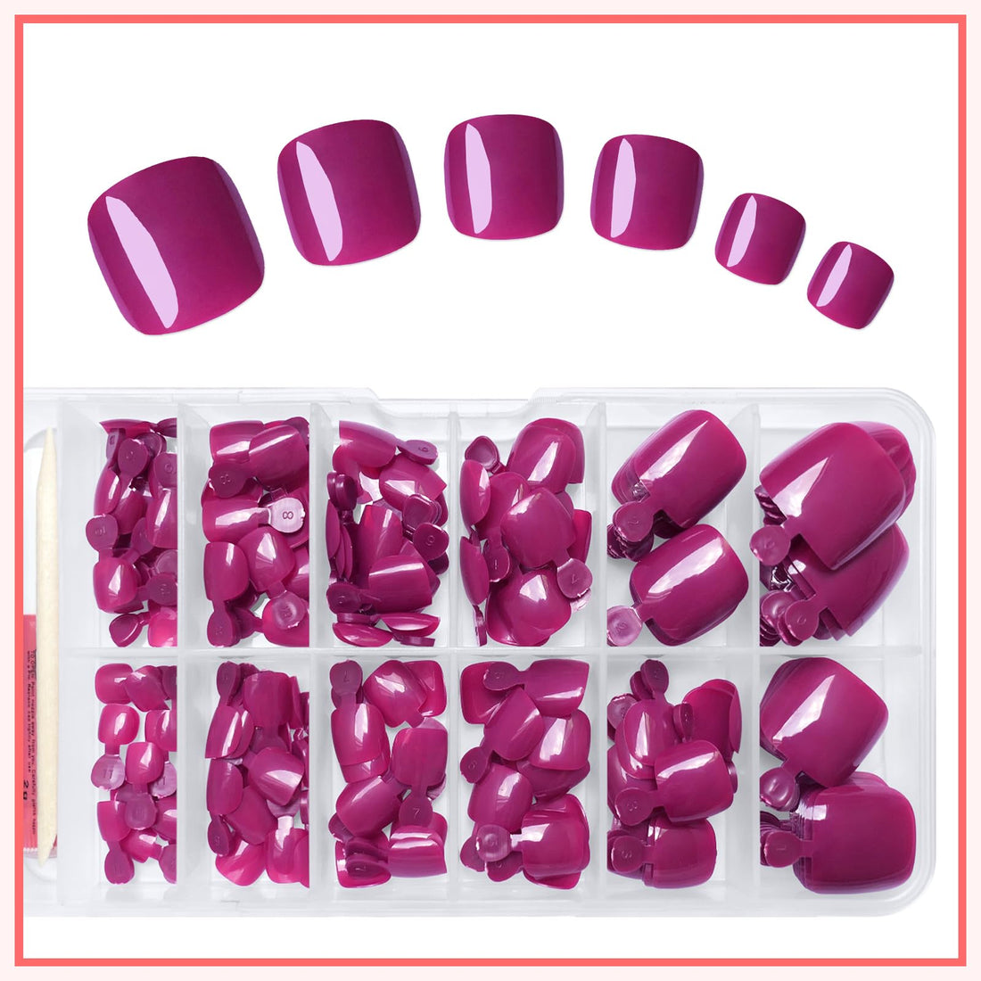 LuckForever 168pc Press on Toenails Women Fake Toe Nails with Adhesive Tabs, Magenta Fake Toenails Press on Nails Toe Acrylic Nail Tips Short Square False Toenail Artificial Toe Nails Press ons