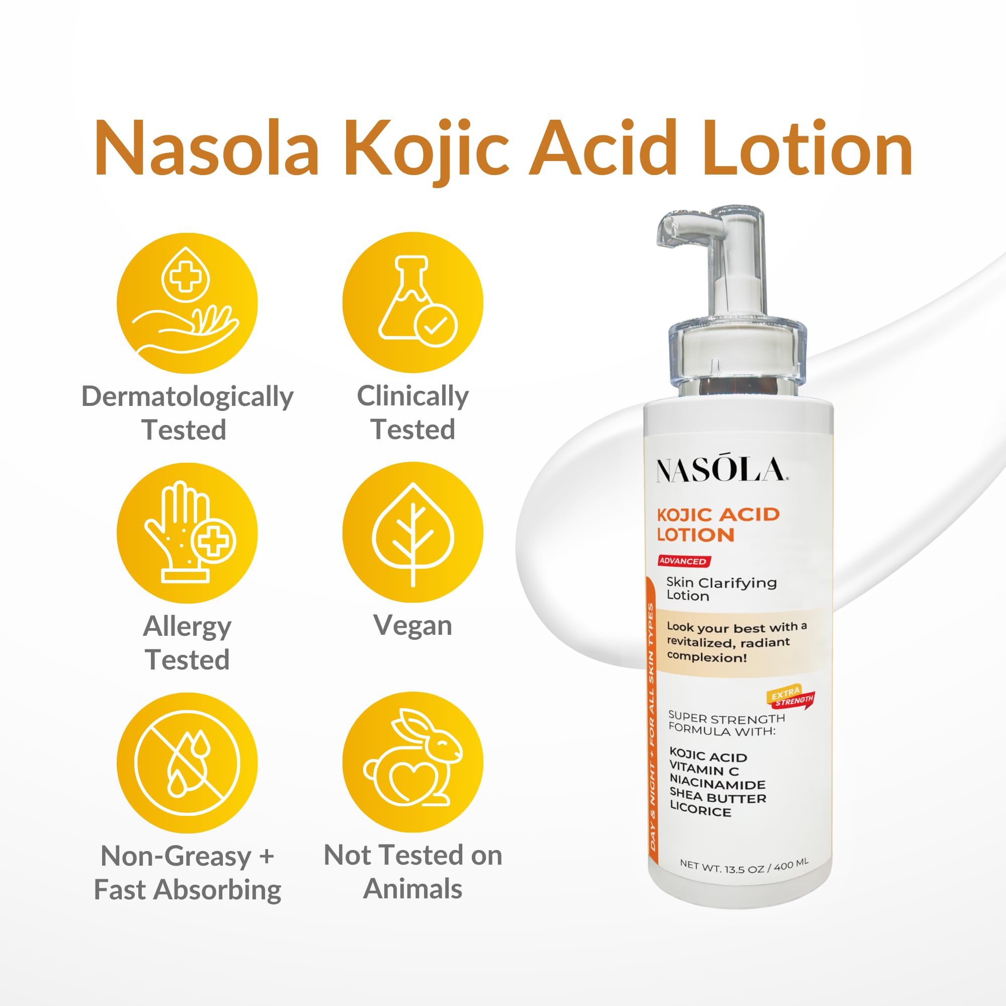 Nasola Kojic Acid Lotion Natural Skin Clarifying for Face & Body with Vitamin C, Niacinamide, Shea Butter, Licorice & Green Tea for Complexion Revitalization, Women & Men