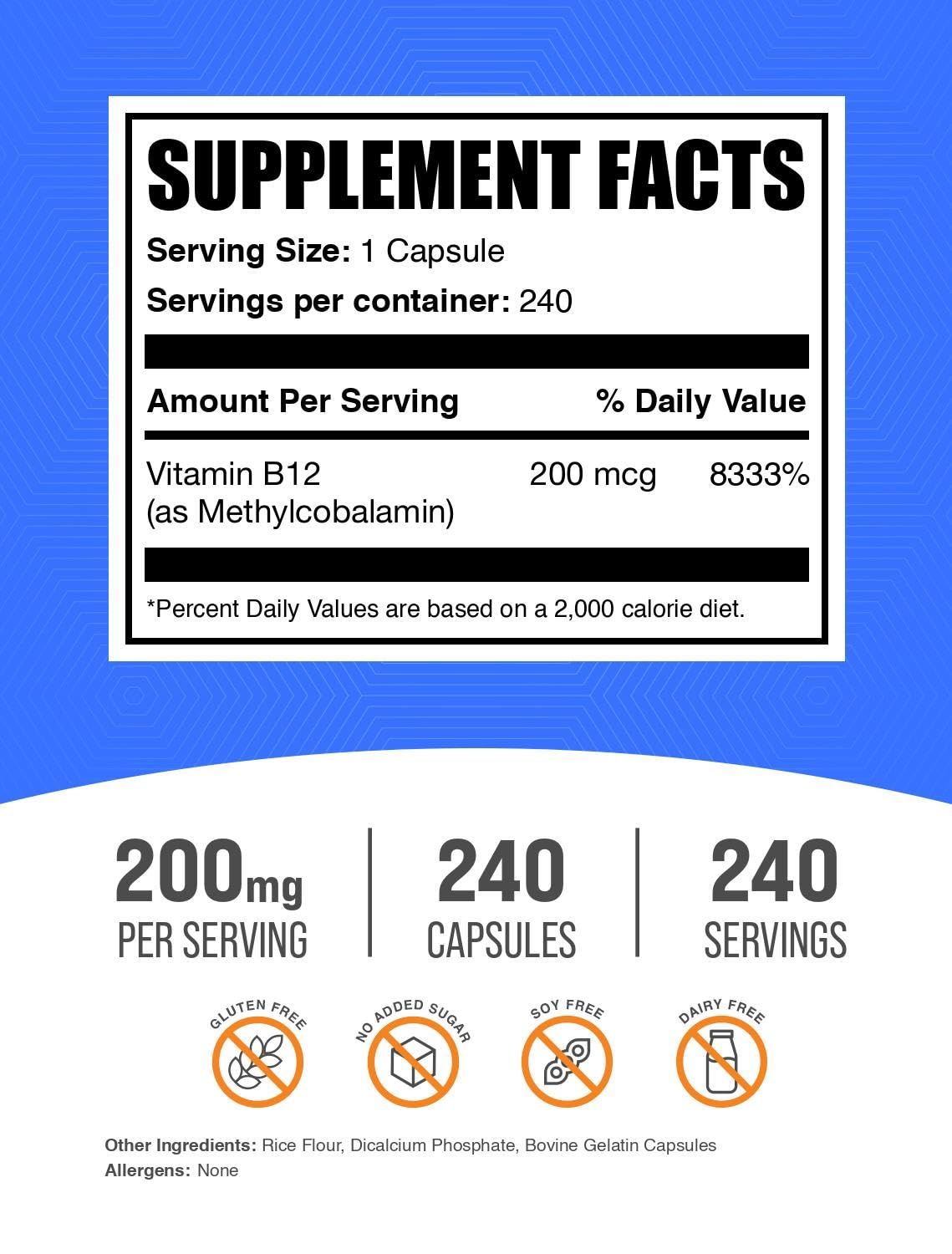 BulkSupplements.com Vitamin B12 Methylcobalamin Capsules - B12 Vitamin Supplement, B12 200mcg, for Energy Support - Gluten Free, 1 Capsule per Serving, 240 Capsules (Pack of 1)
