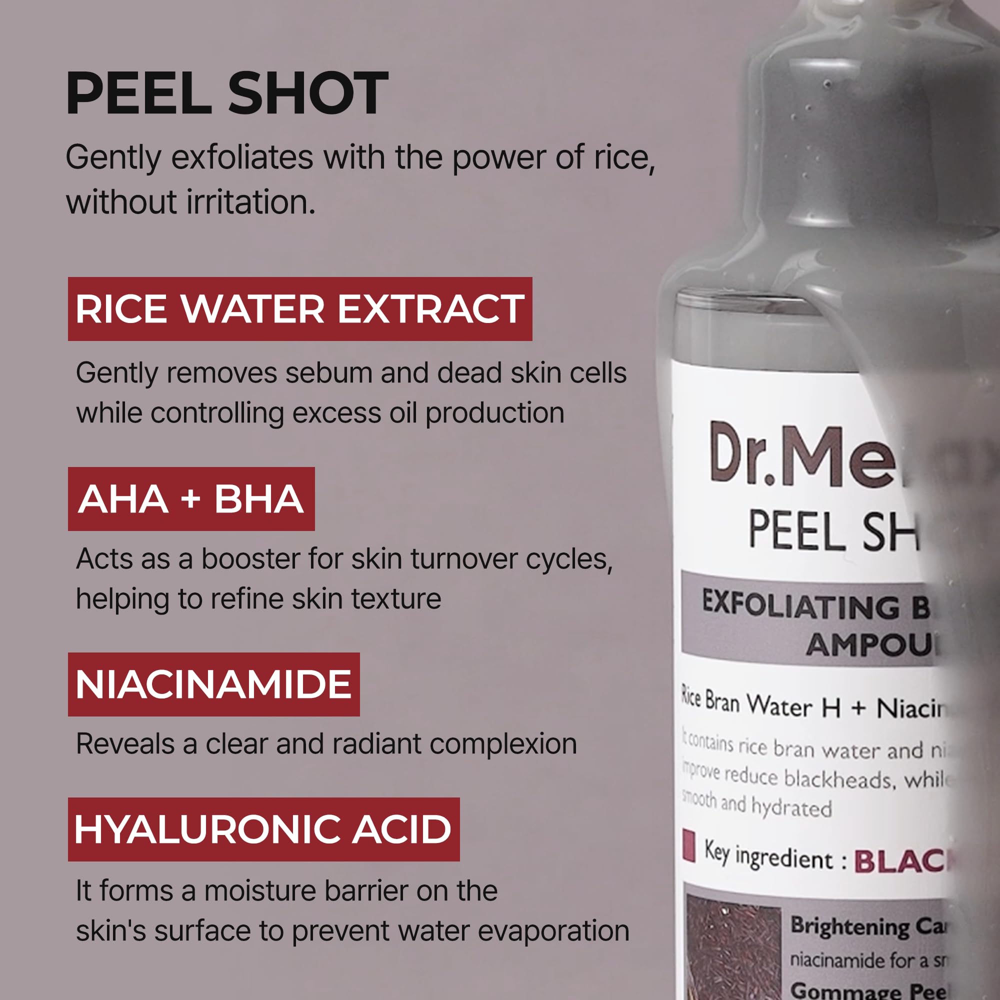 Dr.Melaxin Peel Shot Glow Black Rice Peeling Ampoule, Soft Exfoliating Face and Body Scrub Dead Skin Cells, Blackheads Remover for All Skin Types korean skin care 80ml
