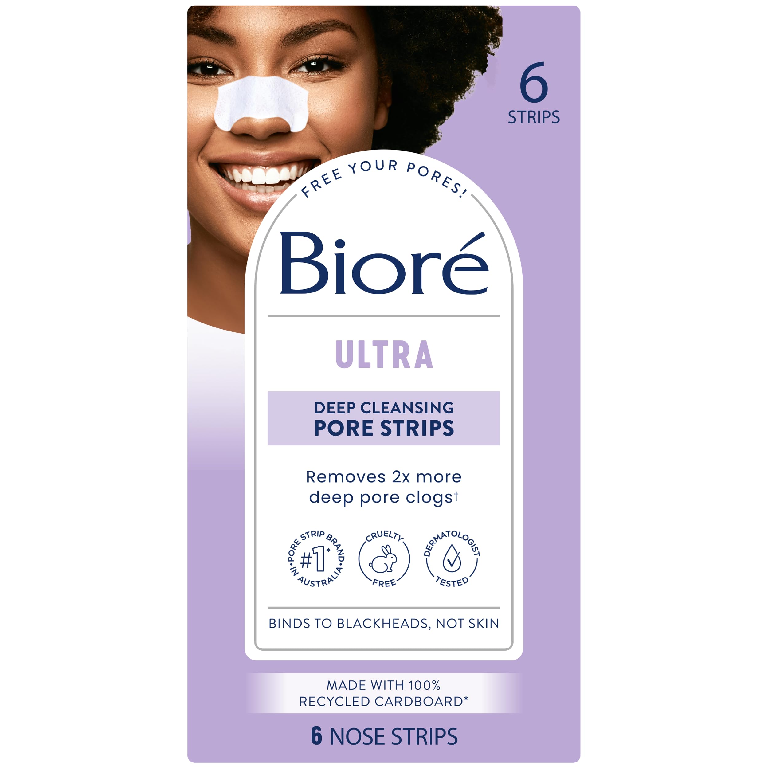 Bioré Witch Hazel Ultra Cleansing Pore Strips, Nose Strips, Clears Pores up to 2x More than Original Pore Strips, 6 Ct, features C-Bond Technology, Oil-Free, Non-Comedogenic Use (Packaging May Vary)