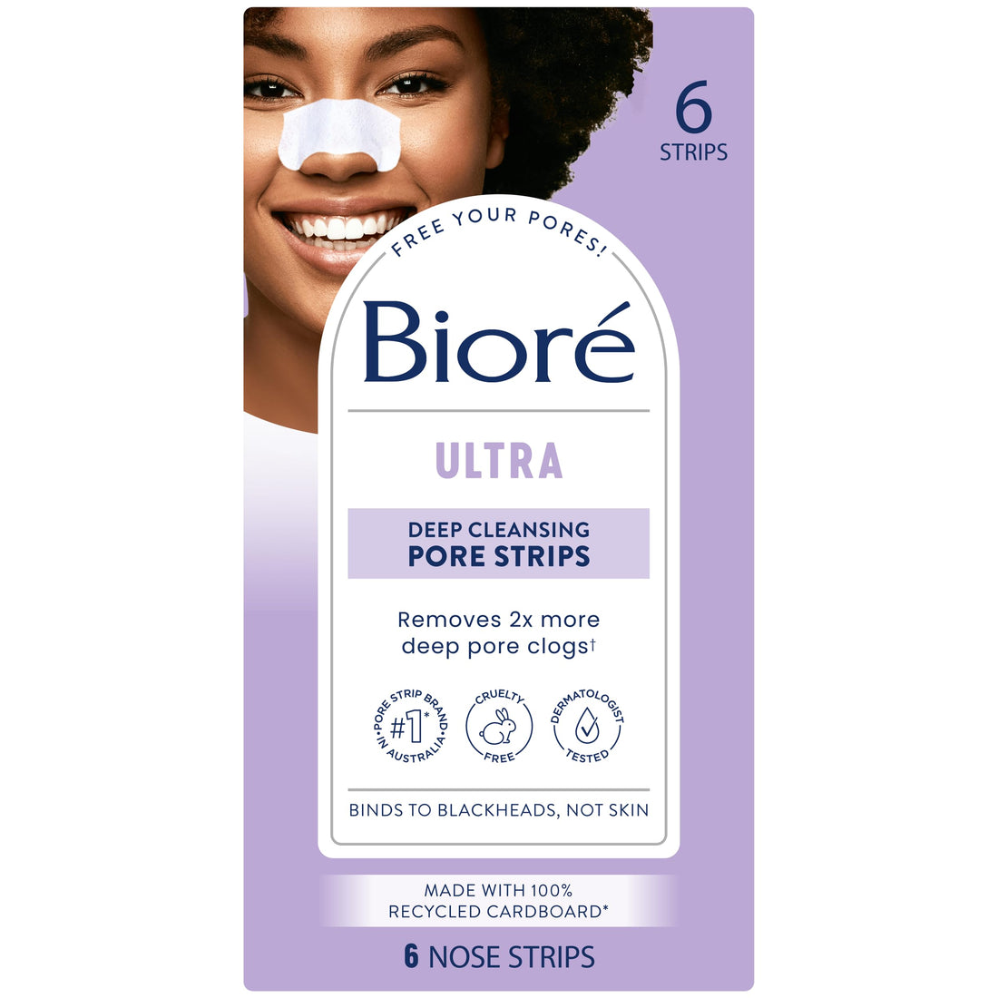 Bioré Witch Hazel Ultra Cleansing Pore Strips, Nose Strips, Clears Pores up to 2x More than Original Pore Strips, 6 Ct, features C-Bond Technology, Oil-Free, Non-Comedogenic Use (Packaging May Vary)