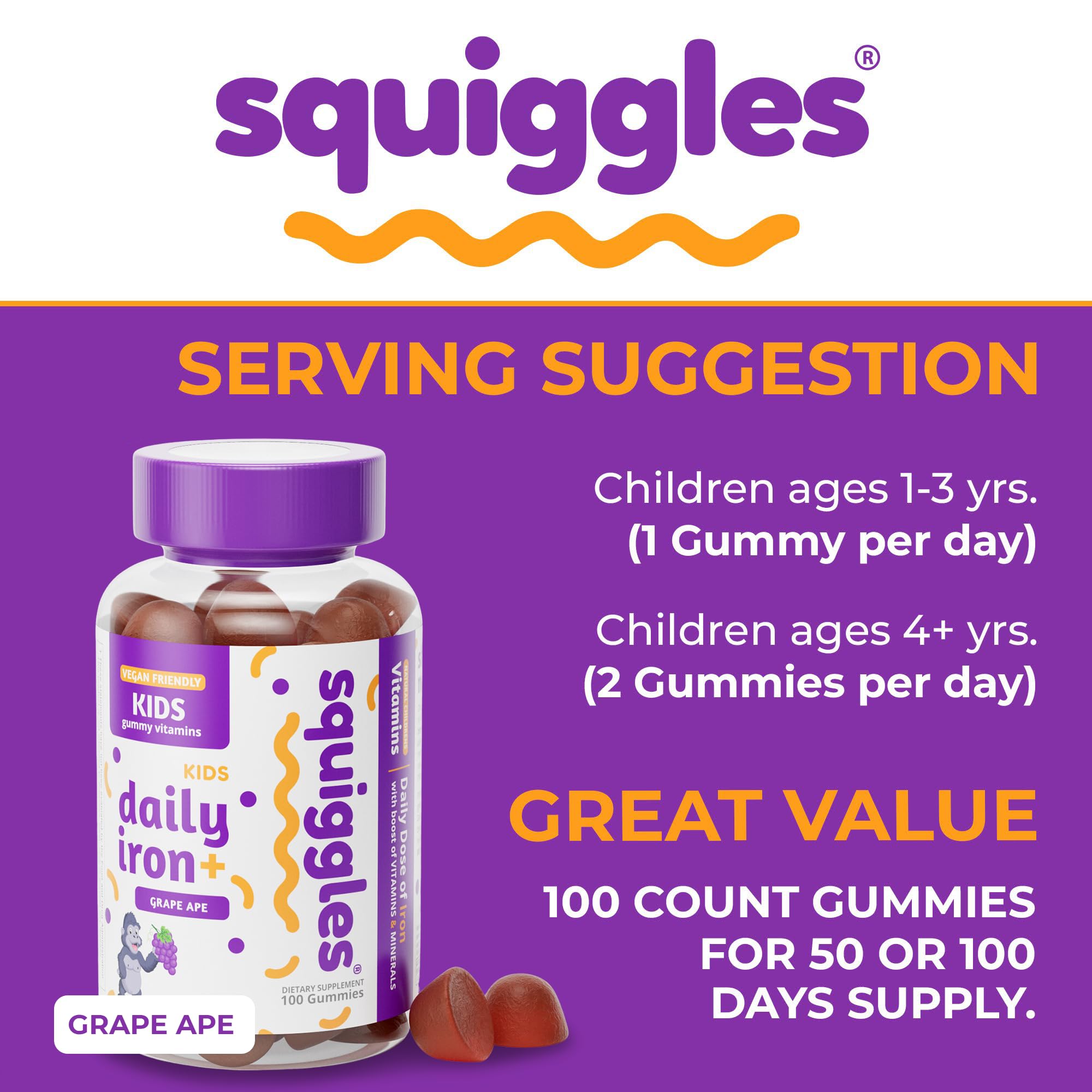 Squiggles Kids Daily Iron+ Gummies - Gummy Vitamin, Low Sugar, Boost of Vitamins, Minerals and Iron, Vegan Supplement, Chewy, Yummy Grape Flavor, 100 Count