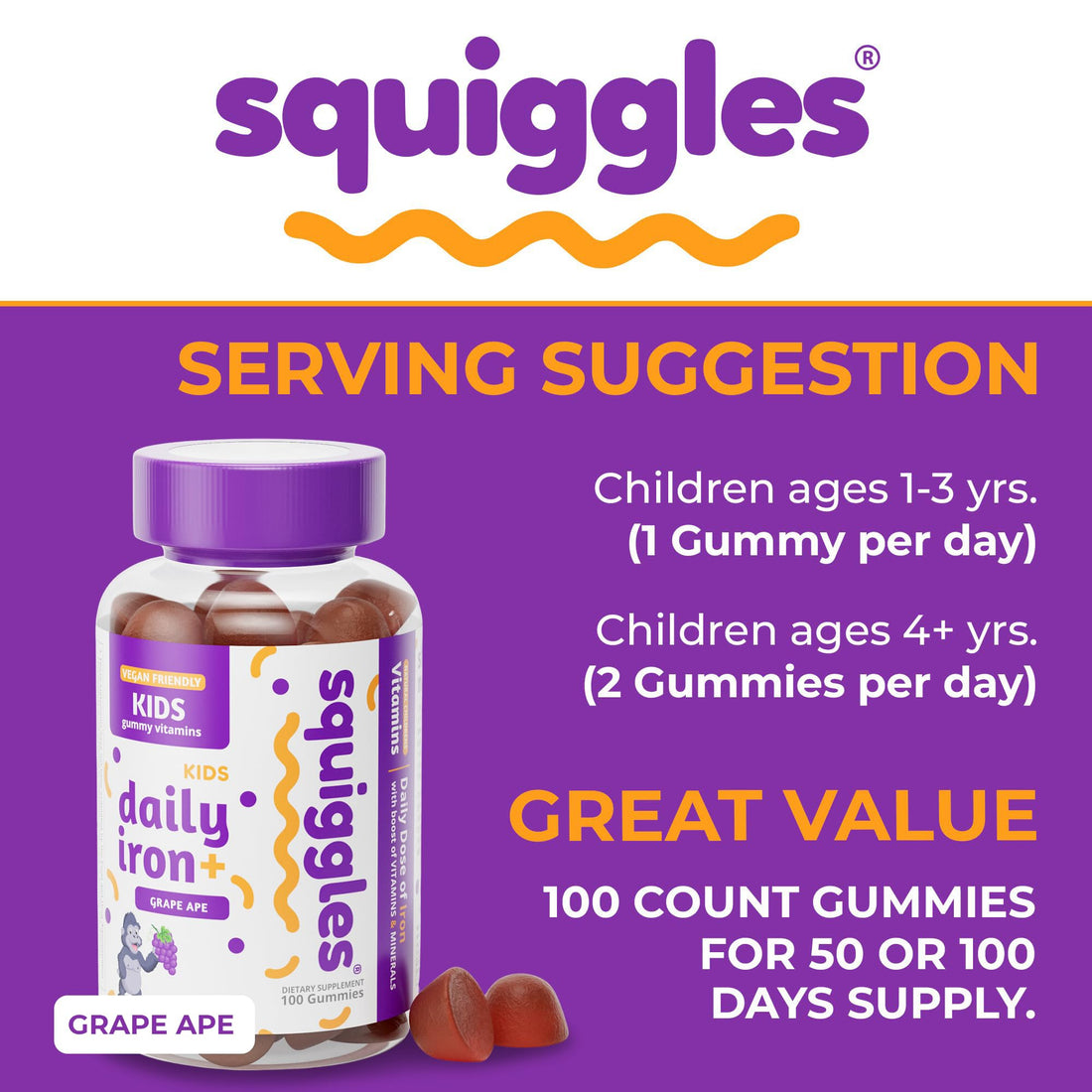 Squiggles Kids Daily Iron+ Gummies - Gummy Vitamin, Low Sugar, Boost of Vitamins, Minerals and Iron, Vegan Supplement, Chewy, Yummy Grape Flavor, 100 Count