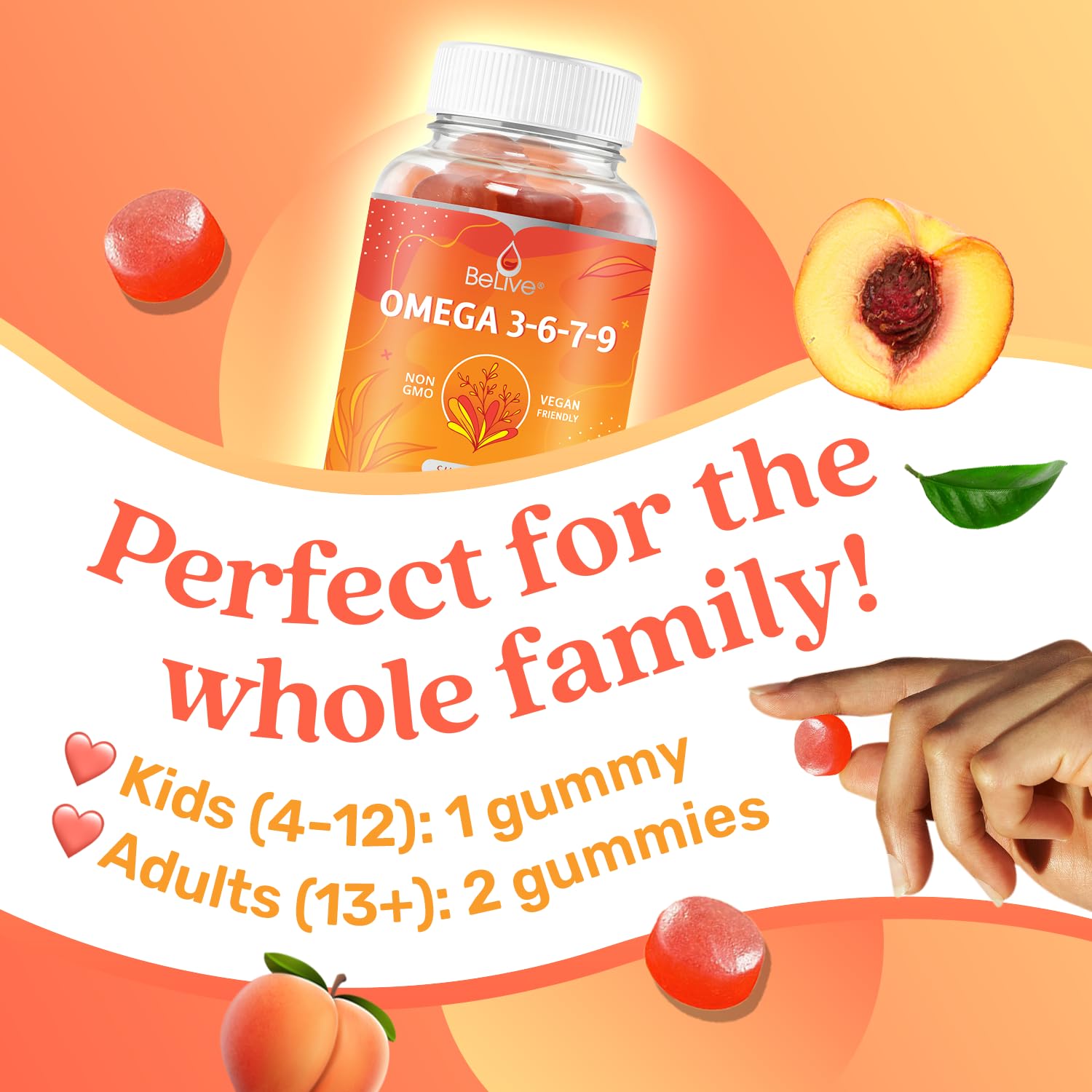 Organic Omega 3 Gummies with Omegas 6, 7, 9, DHA & EPA from Flaxseed Oil and Sea Buckthorn Fruit Oil - Sugar-Free, Supports Brain, Heart, Eye & Immune System, Supplements for Kids & Adults (60 CT)