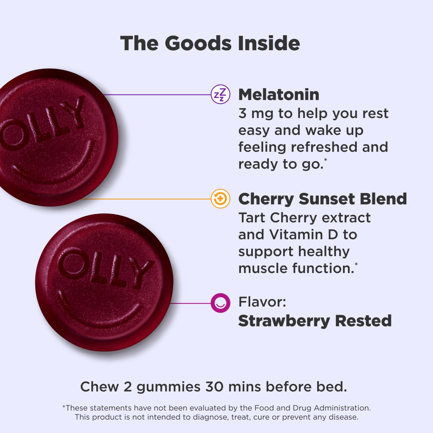 OLLY Muscle Recovery Sleep Gummies, Sleep and Sore Muscle Support, 3mg Melatonin, Tart Cherry, Vitamin D, Berry Flavor - 40 Count
