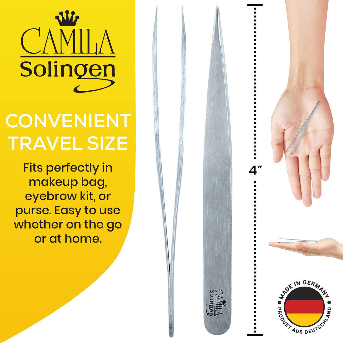 Camila Solingen CS27 4 Professional Surgical Grade Stainless Steel Precision Tip Eyebrow Tweezers for Facial Hair Shaping & Removal. Beauty Tool for Men/Women. Made in Solingen Germany (Pointed)