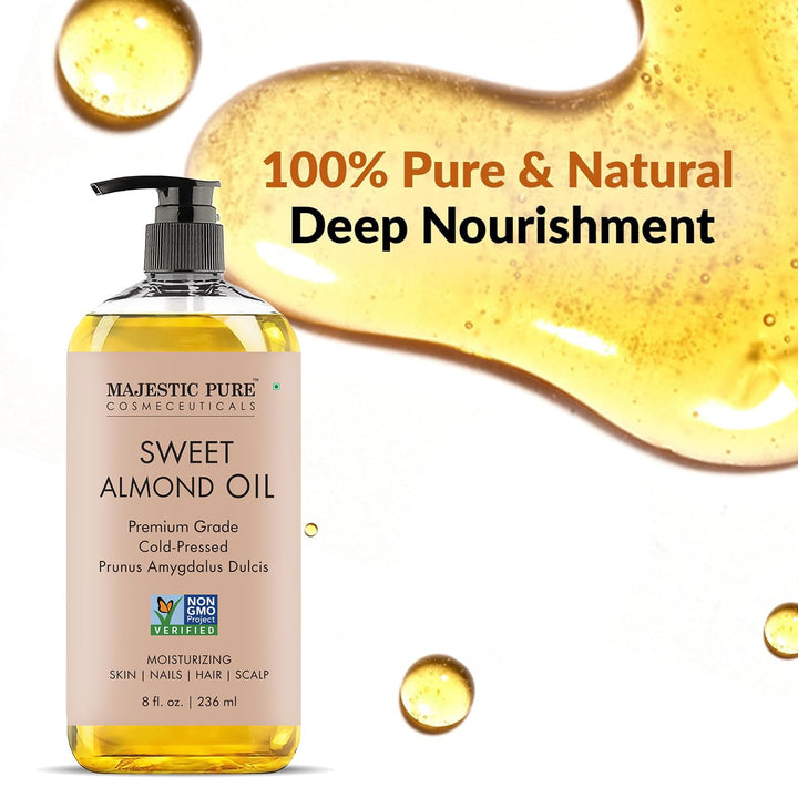 Majestic Pure Sweet Almond Oil | 100% Pure & Natural Cold Pressed Oil Sweet Almond Oil for Skin, Face, Nails, Hair, Scalp & Massage | 8 fl oz