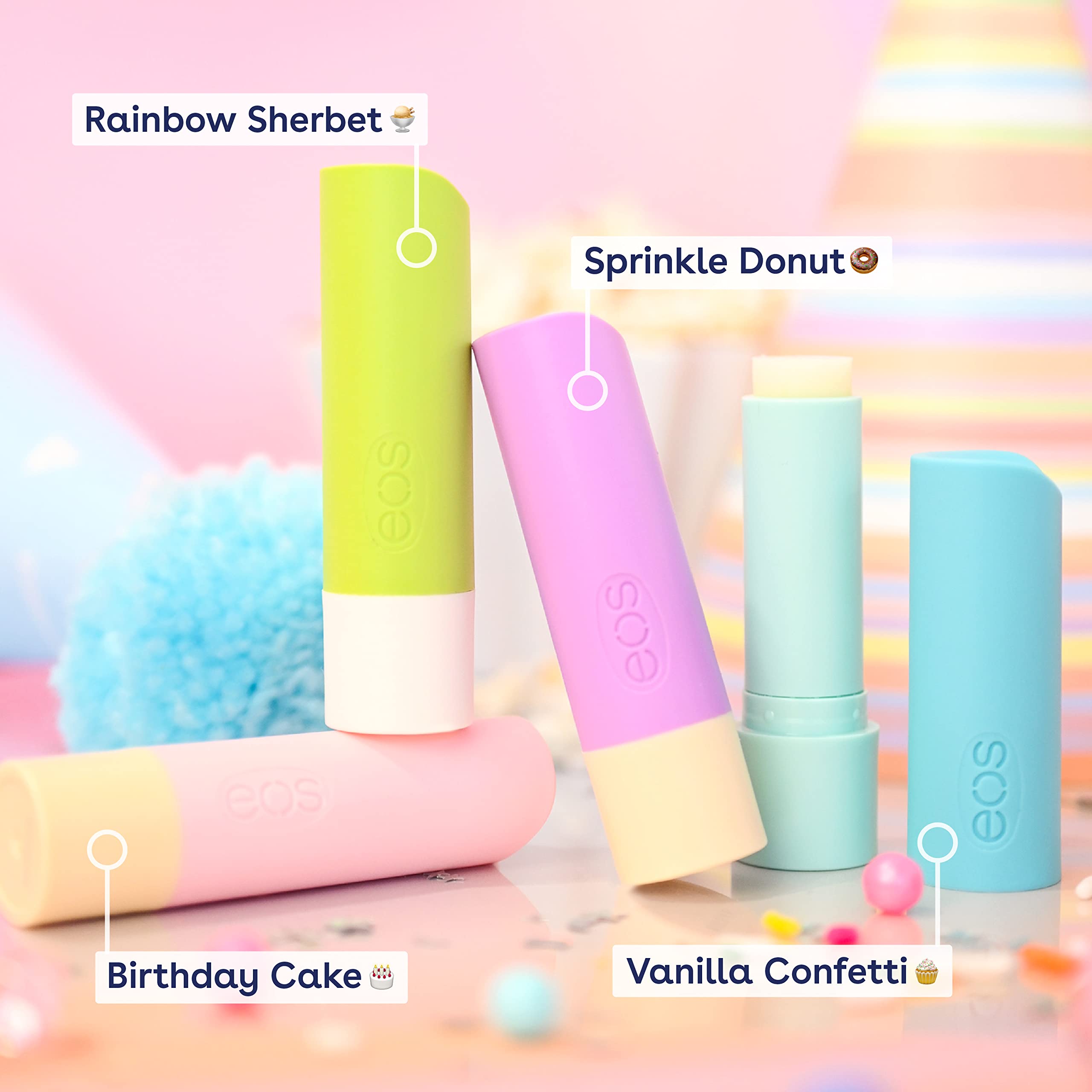 eos Happy Vibes Lip Balm Variety Pack- Sprinkle Donut, Birthday Cake, Vanilla Confetti & Rainbow Sherbet, All-Day Moisture Lip Care Products, 0.14 oz, 4-Pack