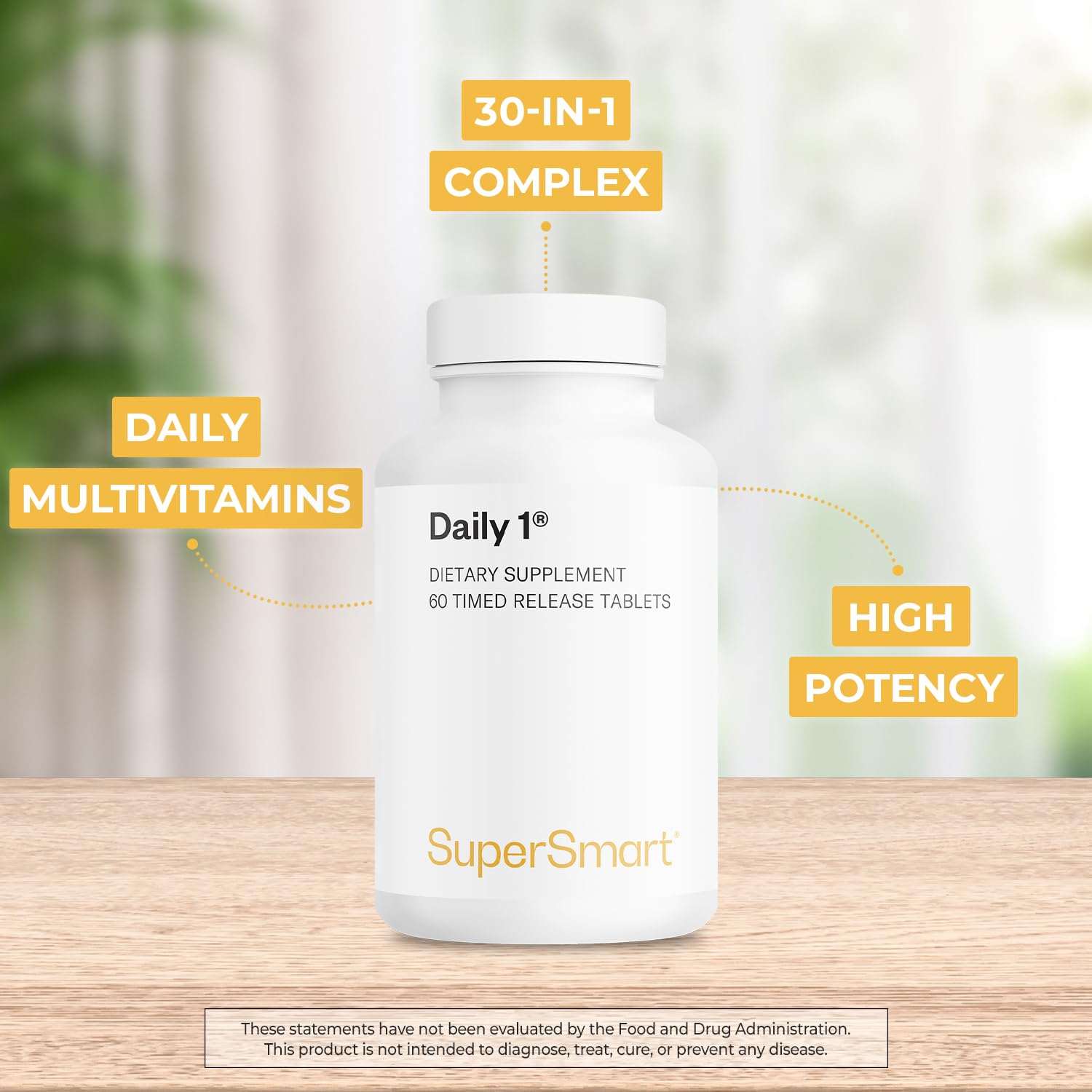Supersmart - Daily 1® Timed Release - Multivitamin Supplement for Women & Men - with BioPQQ®, Vitamin A, B, C, D & E, Biotin, Quercetin & Fisetin | Made in USA | Non-GMO & Gluten Free - 60 Tablets