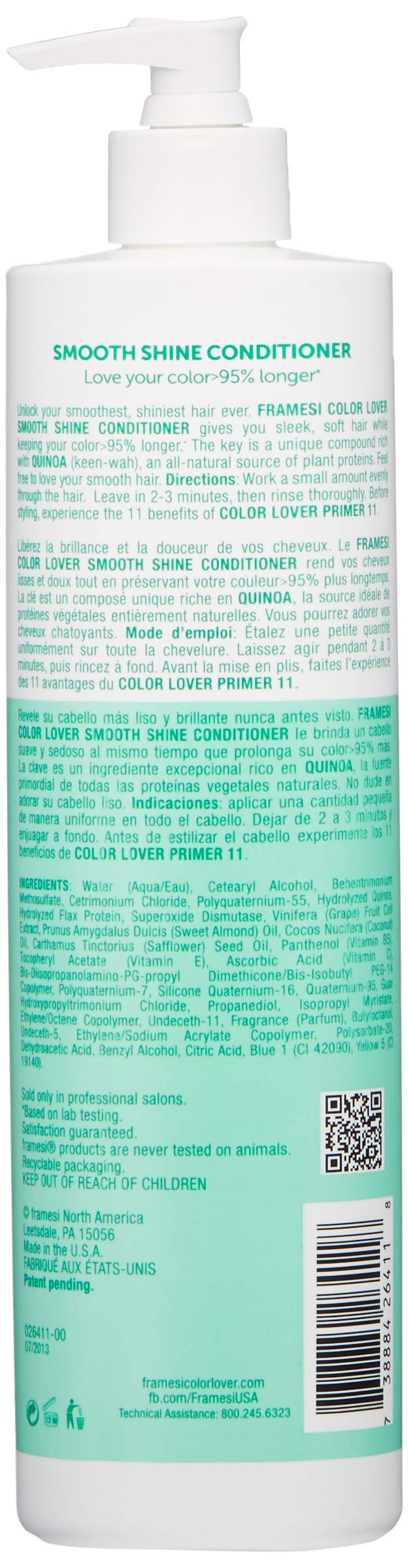 Framesi Color Lover Smooth Shine Conditioner, 16.9 fl oz, Sulfate Free Conditioner with Coconut Oil and Quinoa, Color Treated Hair