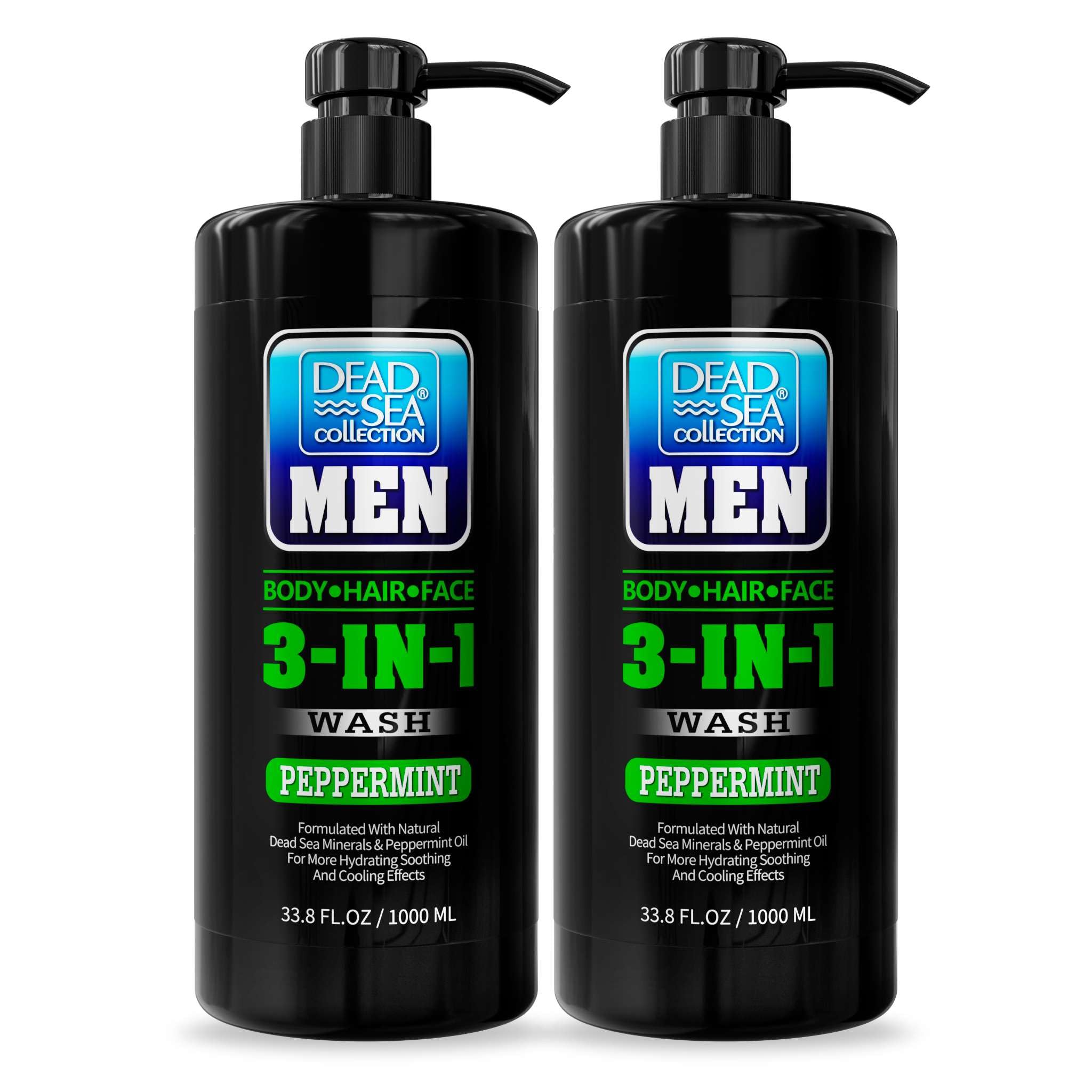 Dead Sea Collection Mens Body Wash 3 in 1 – Peppermint Body Wash for Men – Shower Gel – Shampoo – Shower Soap for Face and Hair – Pack of 2 Bottles (33.8 Fl. Oz. Each)